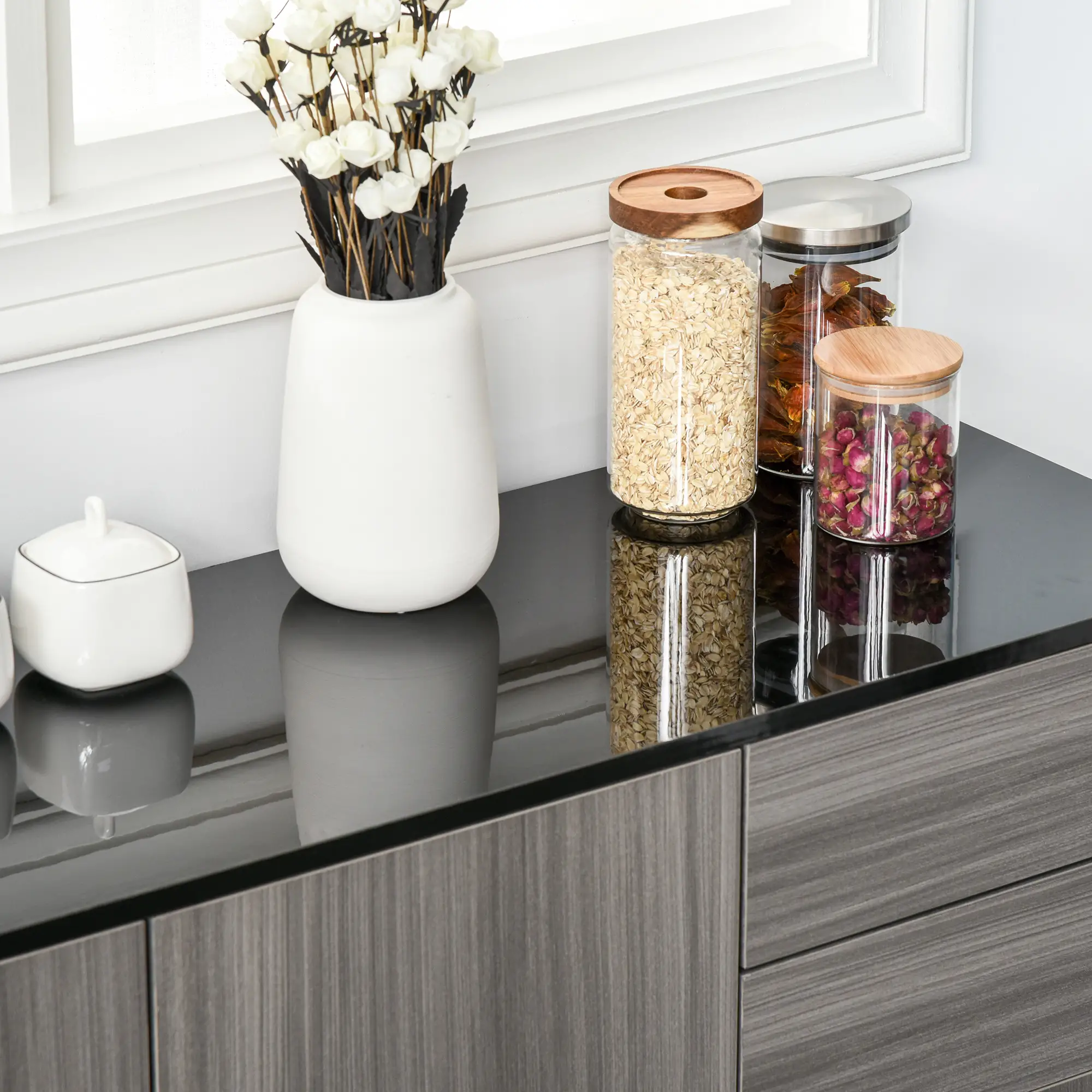 Modern Kitchen Sideboard, Coffee Bar Cabinet with 2 Drawers, Black - Image 9
