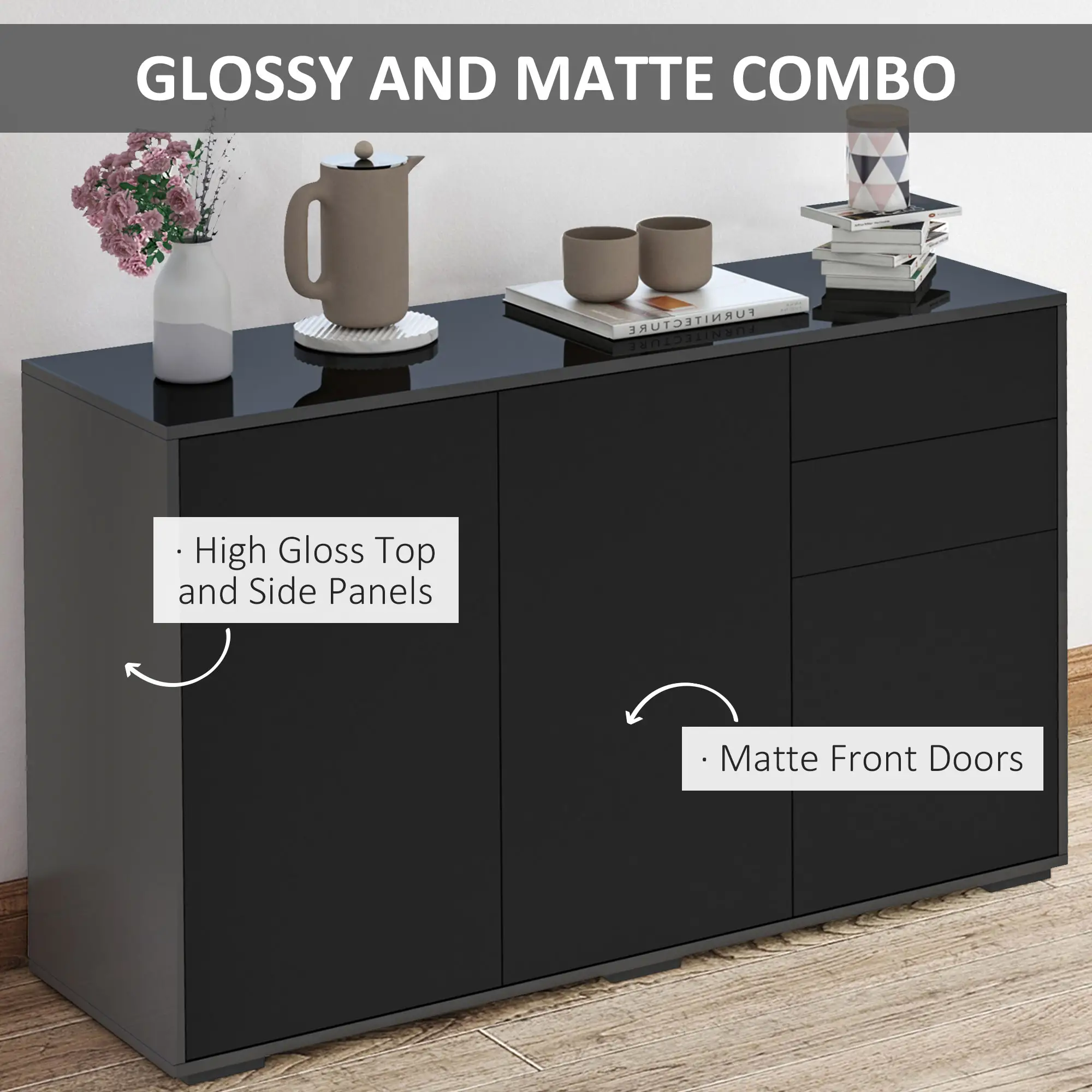 Modern Kitchen Sideboard, Coffee Bar with 2 Drawers, Black - Image 5