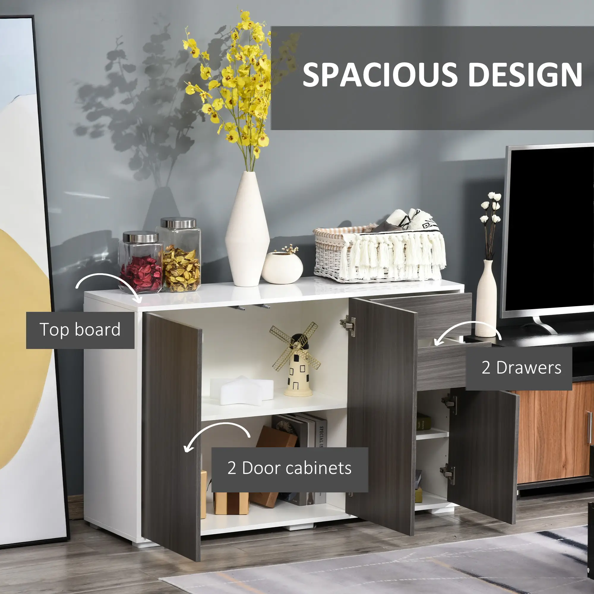 Modern Kitchen Sideboard, Coffee Bar with 2 Drawers, Light Grey - Image 4