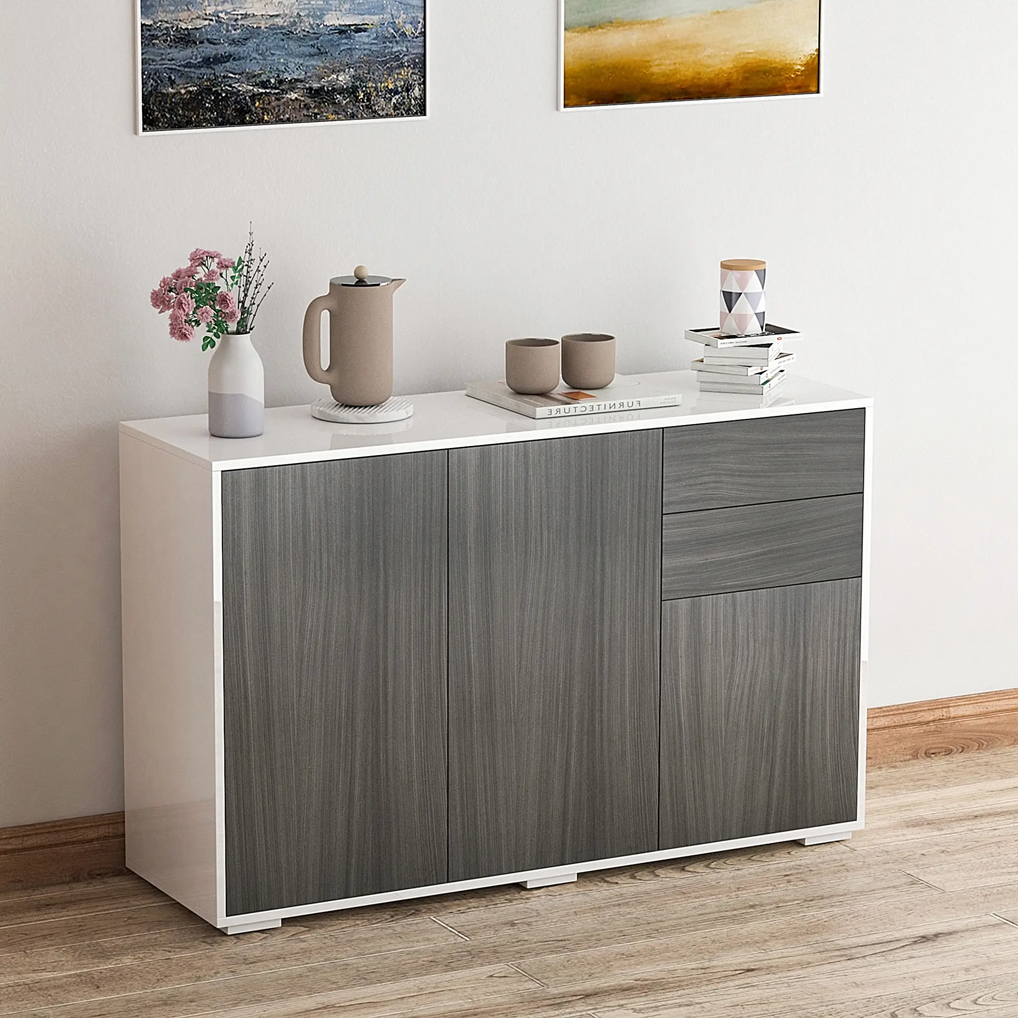 Modern Kitchen Sideboard, Coffee Bar with 2 Drawers, Light Grey - Image 9