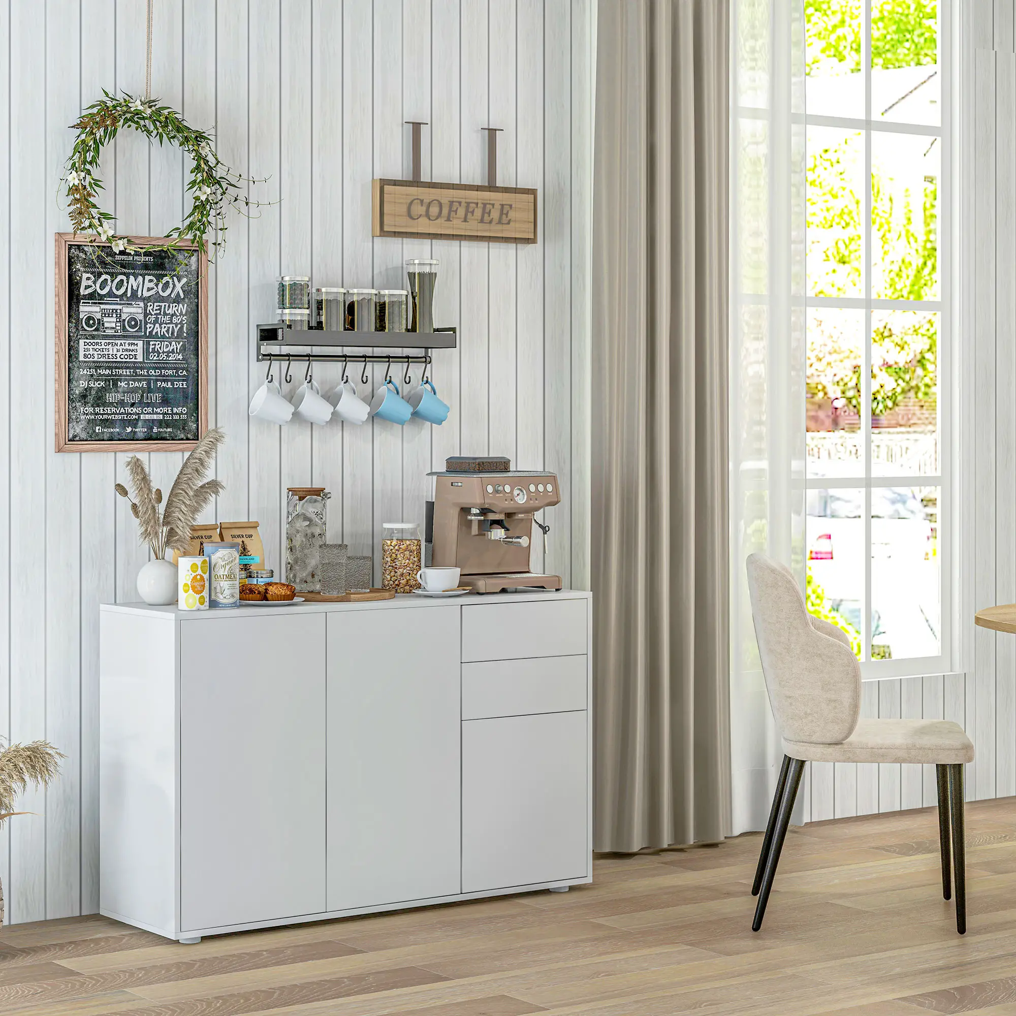 Modern Kitchen Sideboard, Coffee Bar with 2 Drawers, White - Image 2