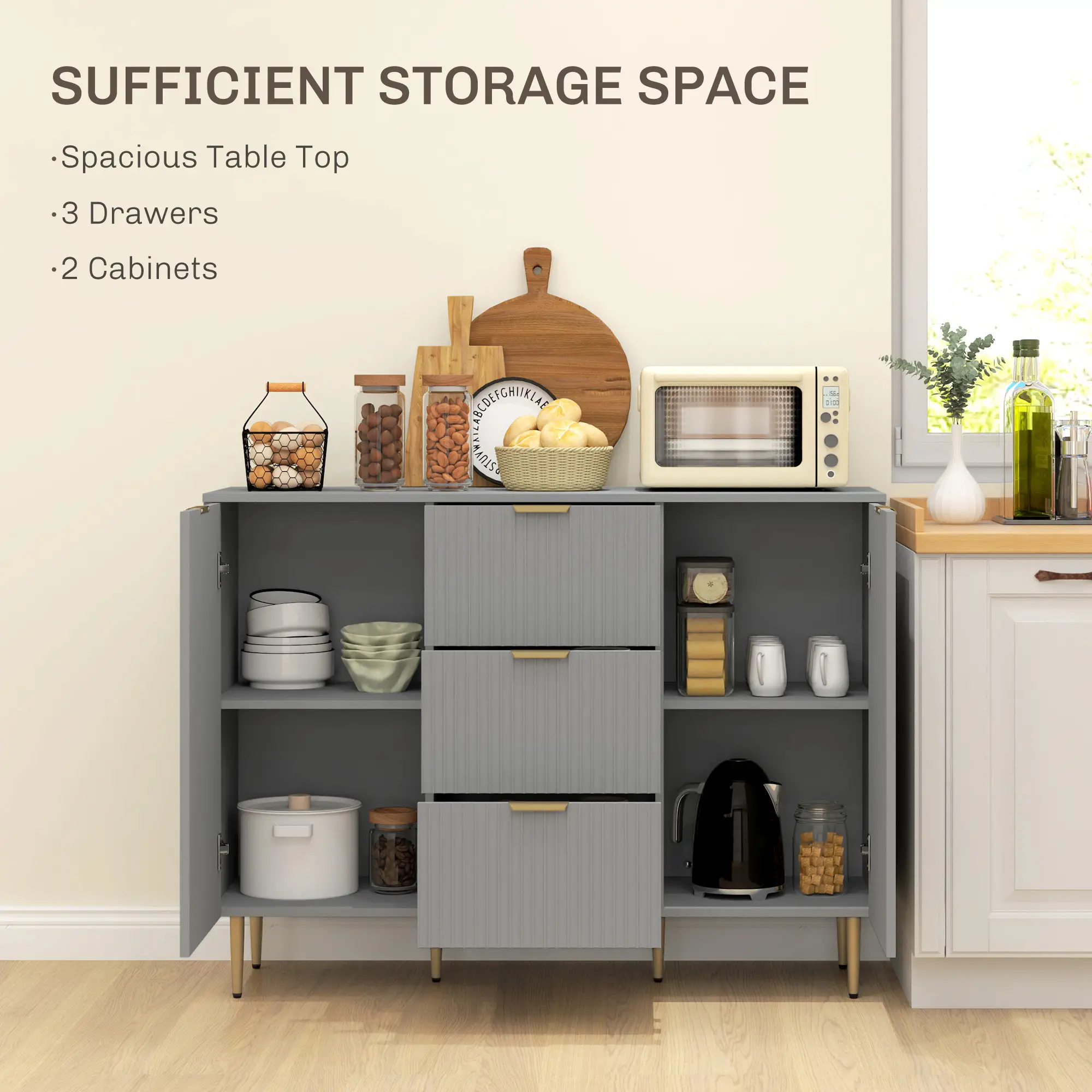 Modern Kitchen Storage Cabinet, 3 Drawers, Adjustable Shelves, Grey - Image 4