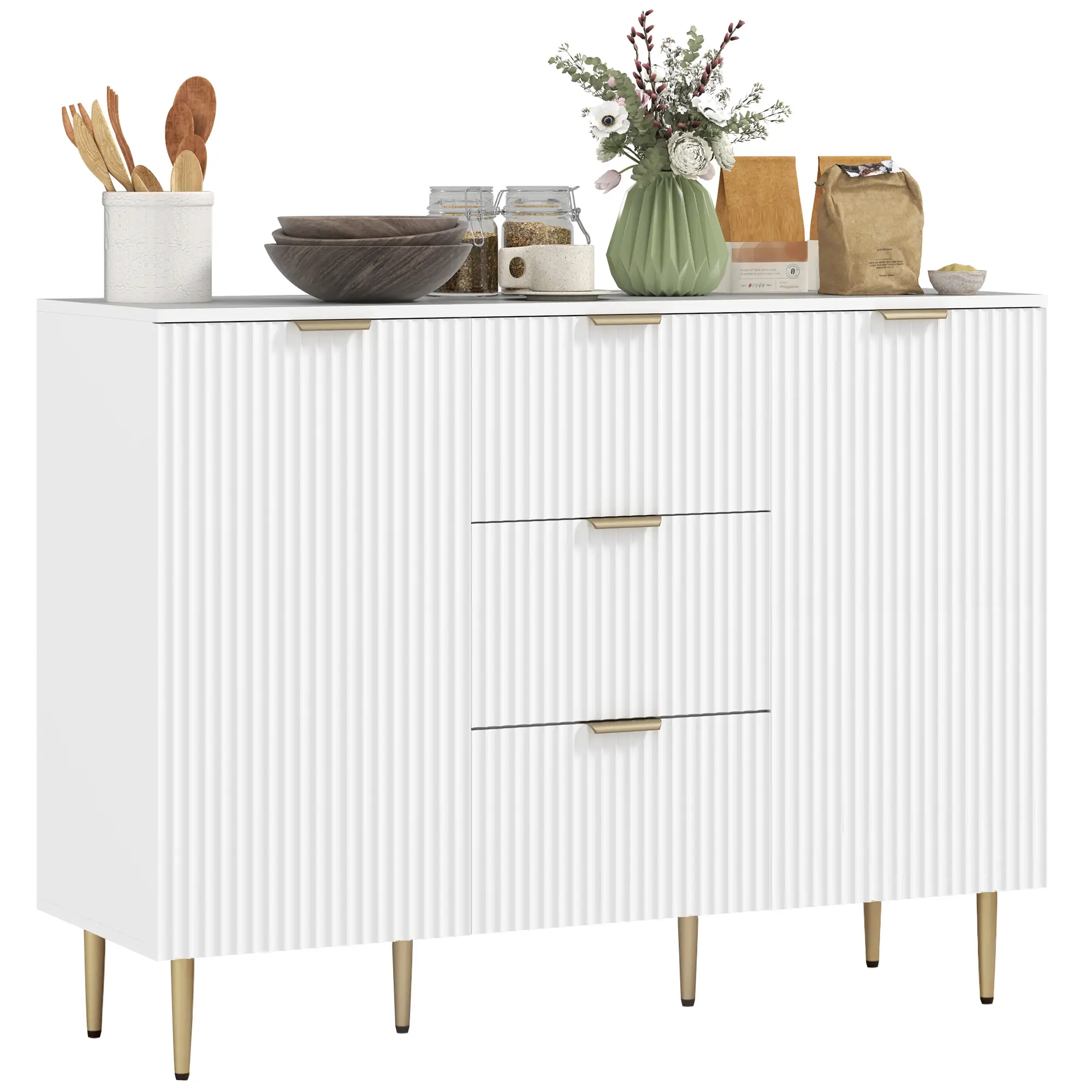 Modern Kitchen Storage Cabinet, 3 Drawers, Adjustable Shelves, White - Image 11