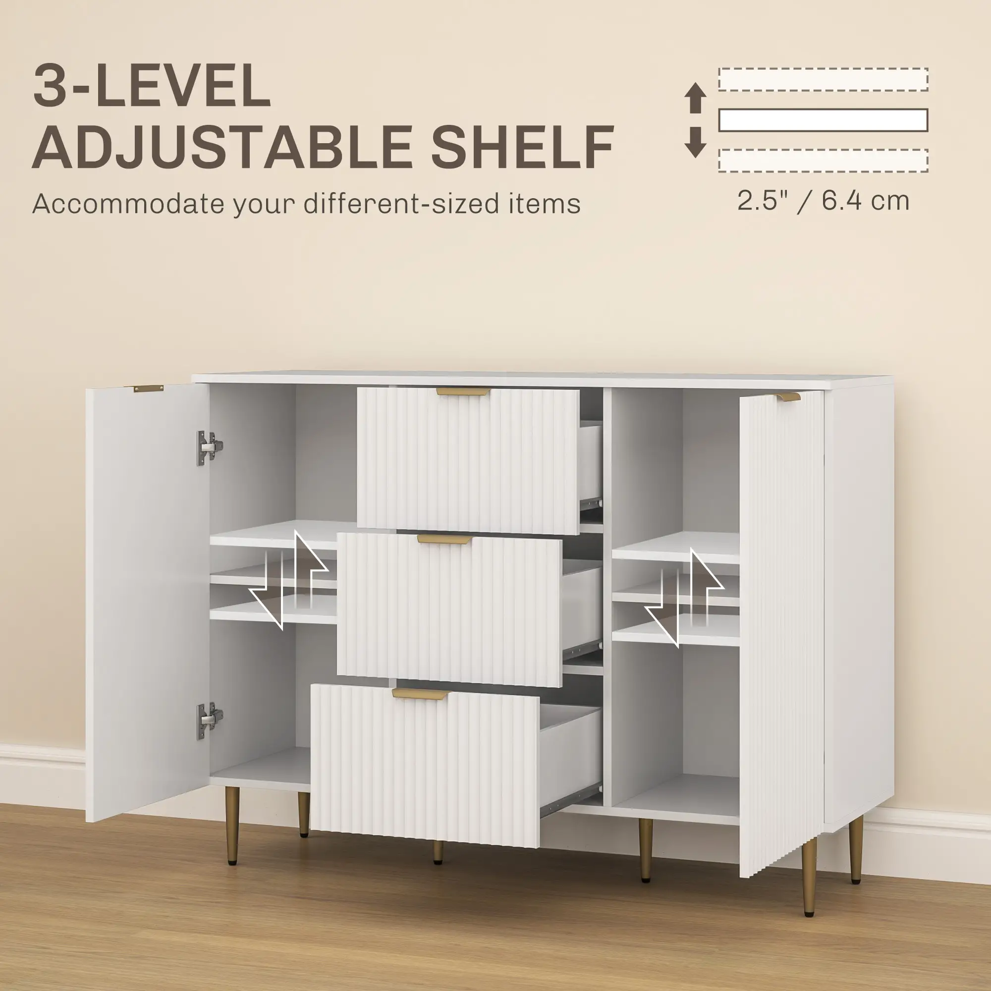 Modern Kitchen Storage Cabinet, 3 Drawers, Adjustable Shelves, White - Image 5