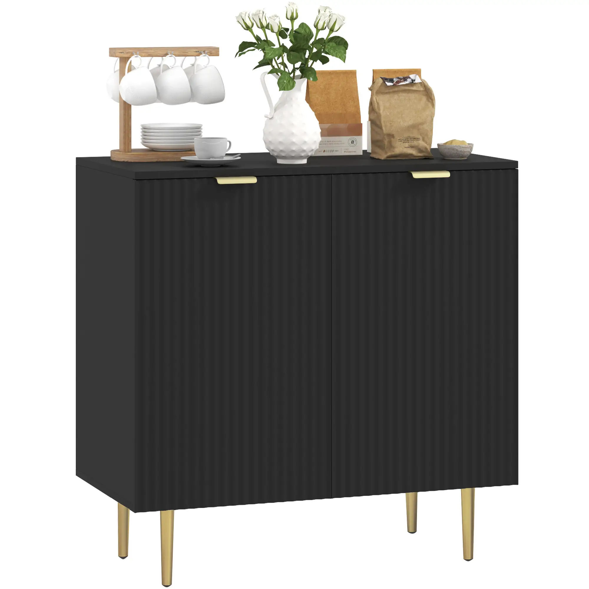 Modern Kitchen Storage Cabinet, Adjustable Shelves, Metal Legs, Black - Image 11