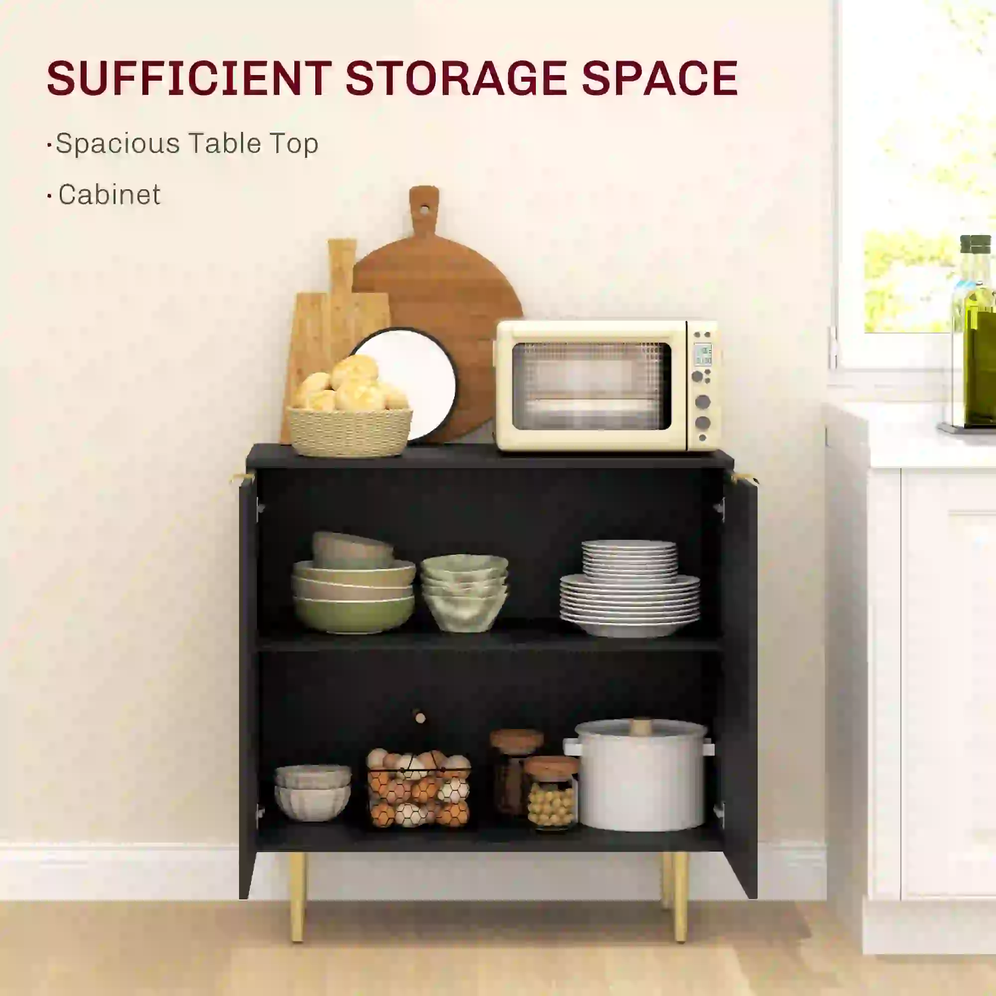 Modern Kitchen Storage Cabinet, Adjustable Shelves, Metal Legs, Black - Image 4