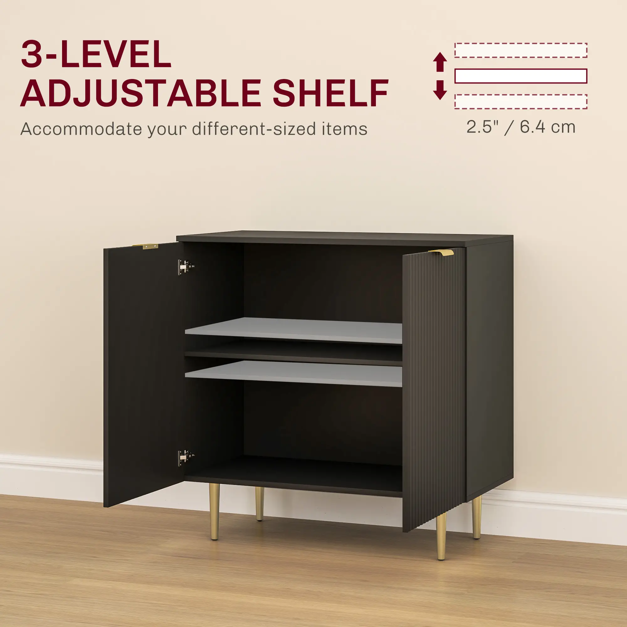 Modern Kitchen Storage Cabinet, Adjustable Shelves, Metal Legs, Black - Image 5