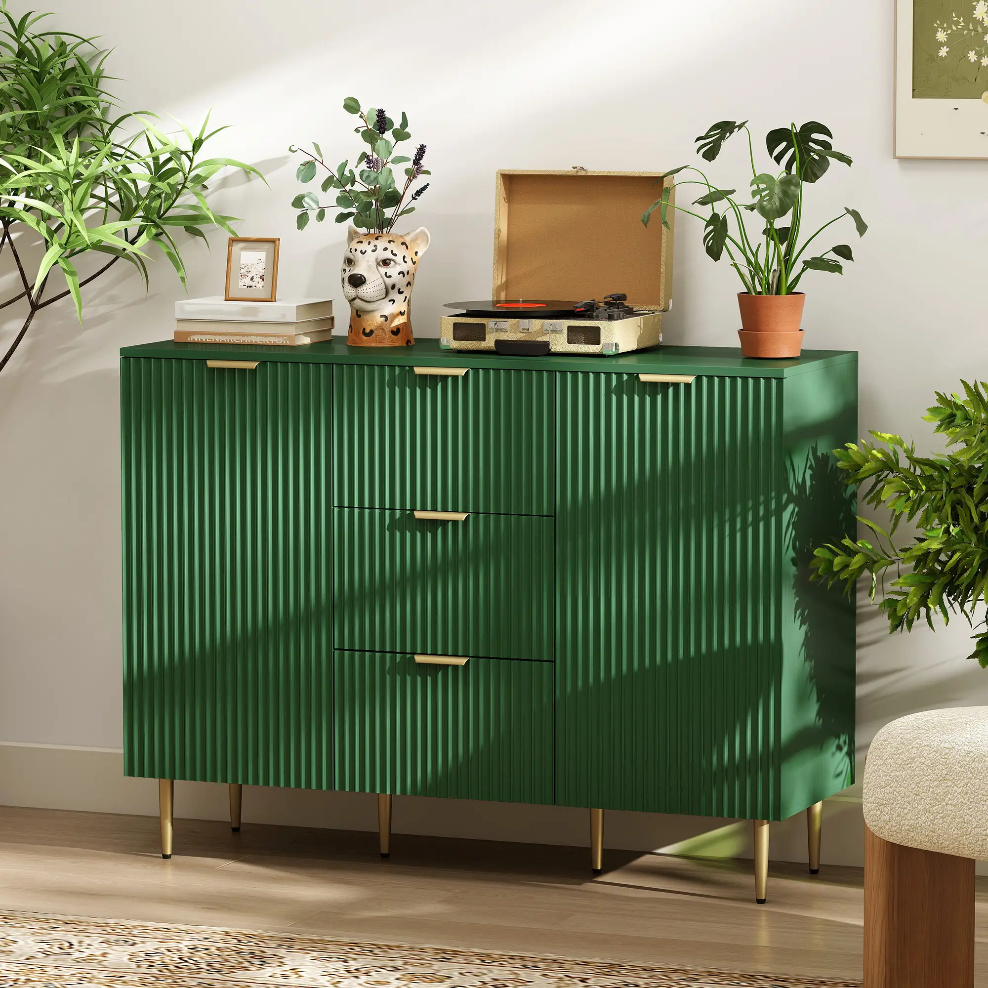 Modern Kitchen Storage Cabinet, Sideboard Buffet, 3 Drawers, Adjustable Shelves, Green - Image 10