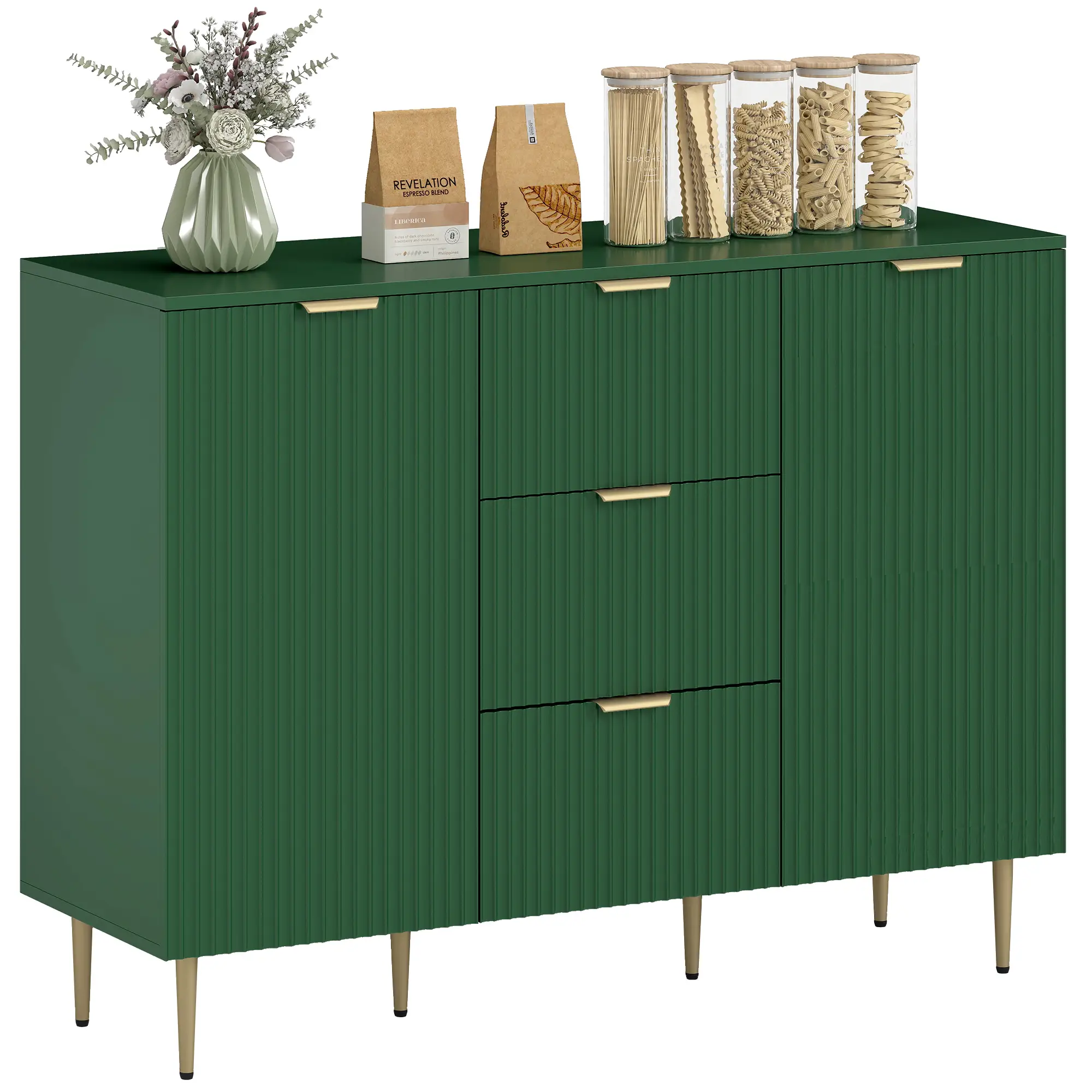 Modern Kitchen Storage Cabinet, Sideboard Buffet, 3 Drawers, Adjustable Shelves, Green - Image 11