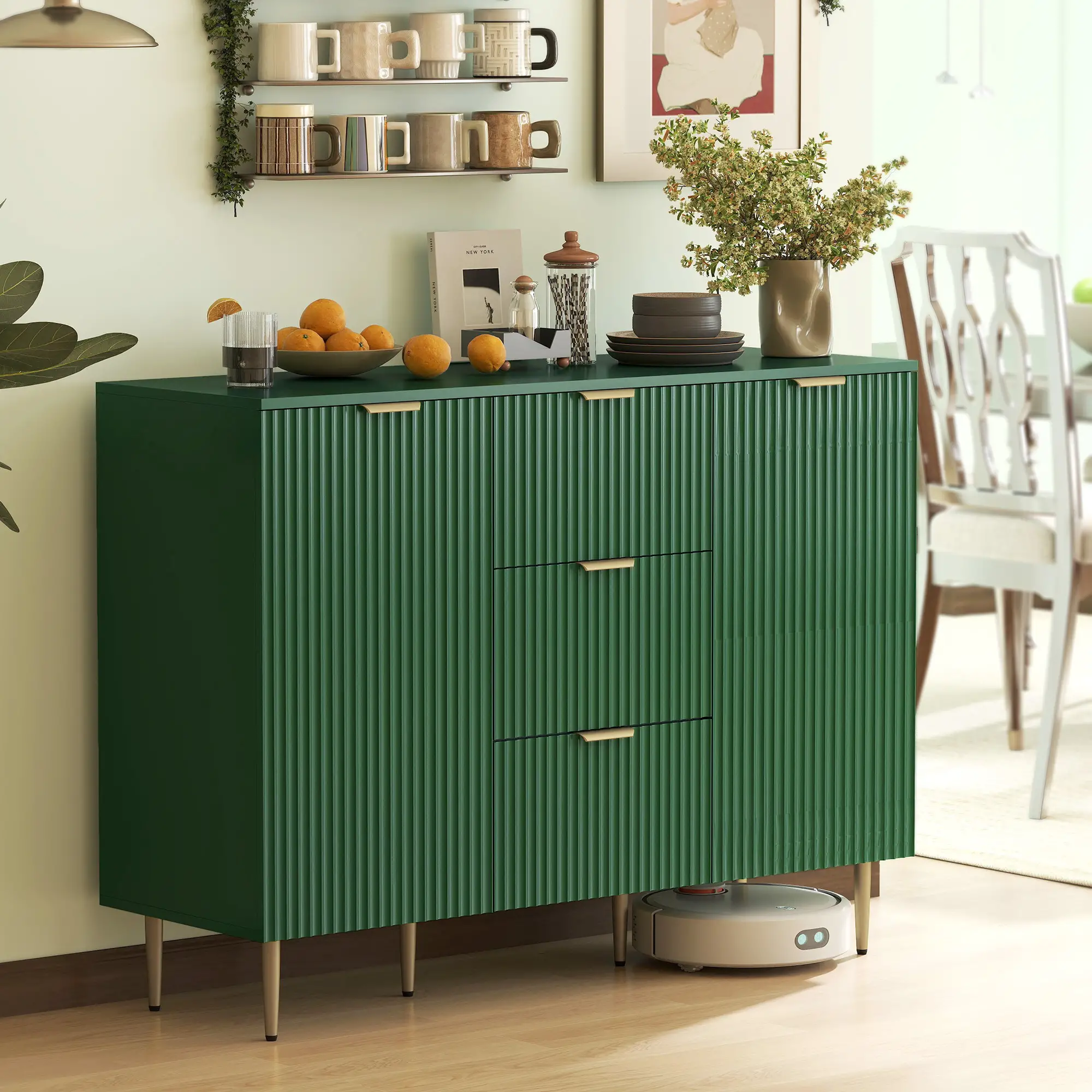 Modern Kitchen Storage Cabinet, Sideboard Buffet, 3 Drawers, Adjustable Shelves, Green - Image 2