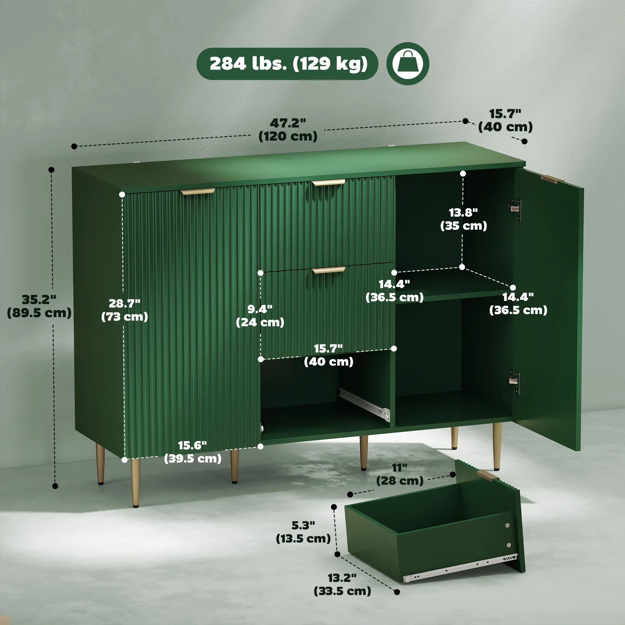 Modern Kitchen Storage Cabinet, Sideboard Buffet, 3 Drawers, Adjustable Shelves, Green - Image 3