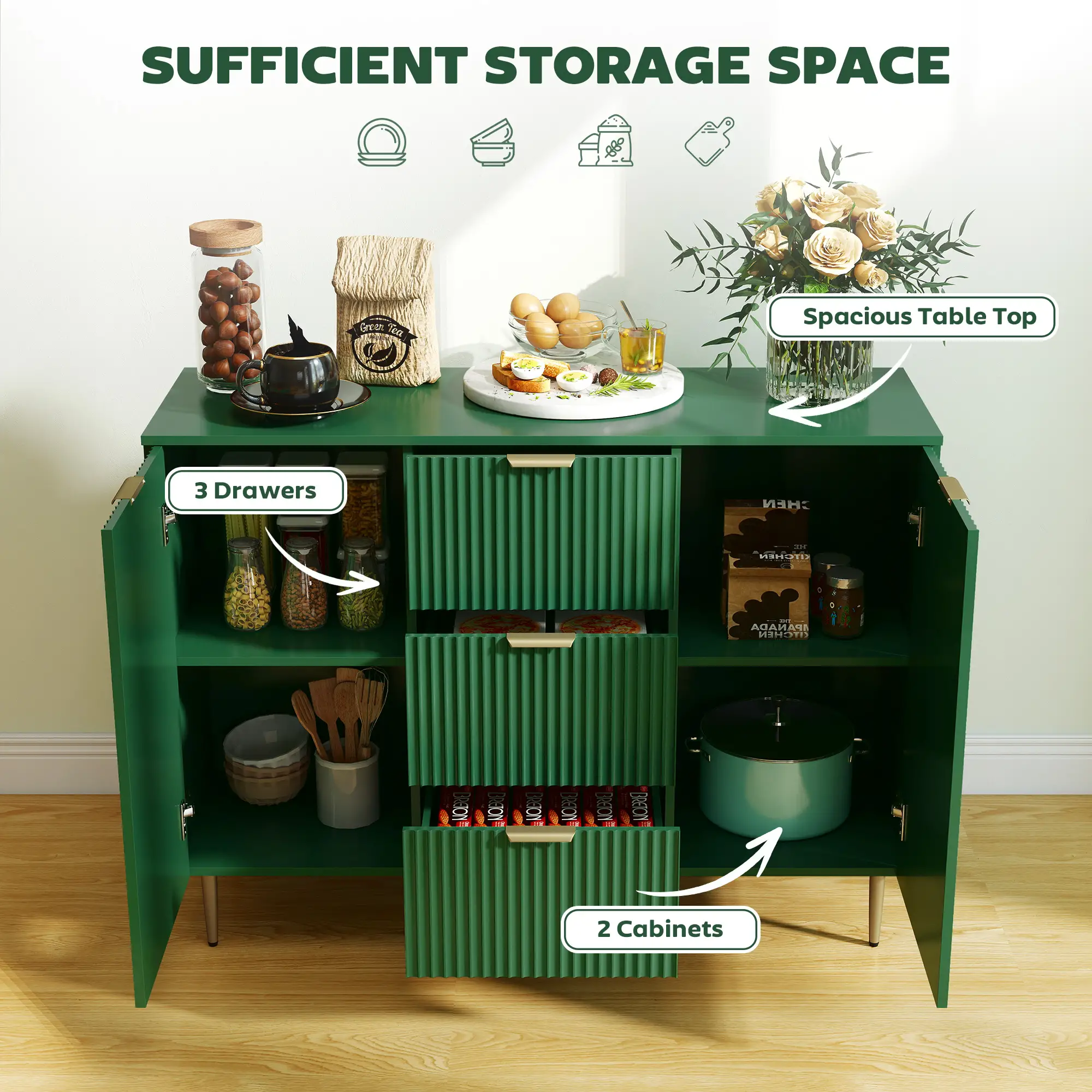 Modern Kitchen Storage Cabinet, Sideboard Buffet, 3 Drawers, Adjustable Shelves, Green - Image 4
