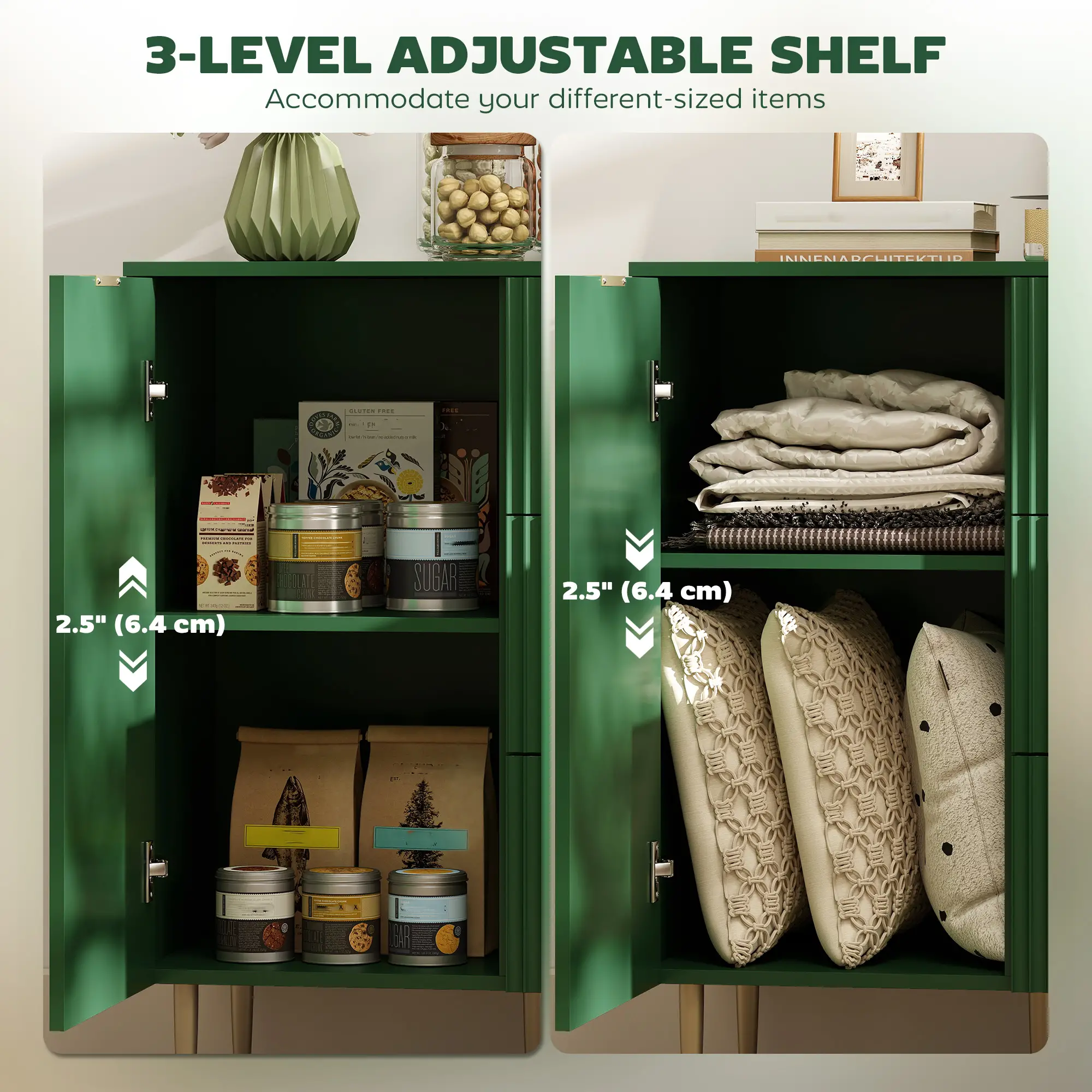 Modern Kitchen Storage Cabinet, Sideboard Buffet, 3 Drawers, Adjustable Shelves, Green - Image 5