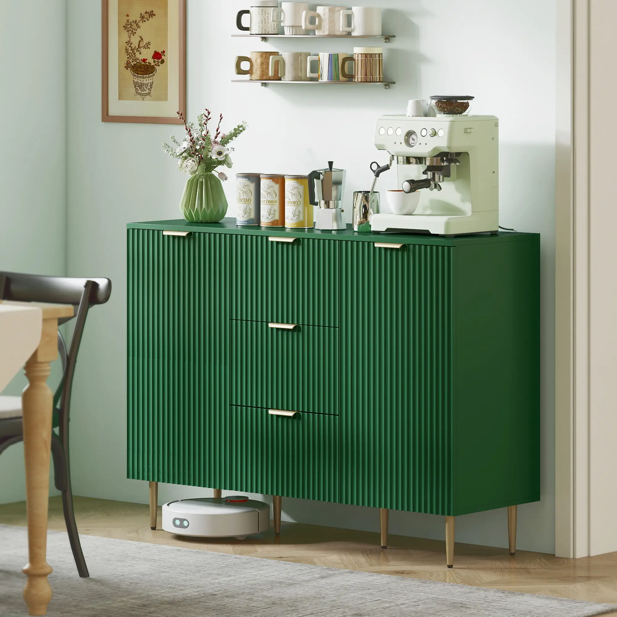 Modern Kitchen Storage Cabinet, Sideboard Buffet, 3 Drawers, Adjustable Shelves, Green - Image 8