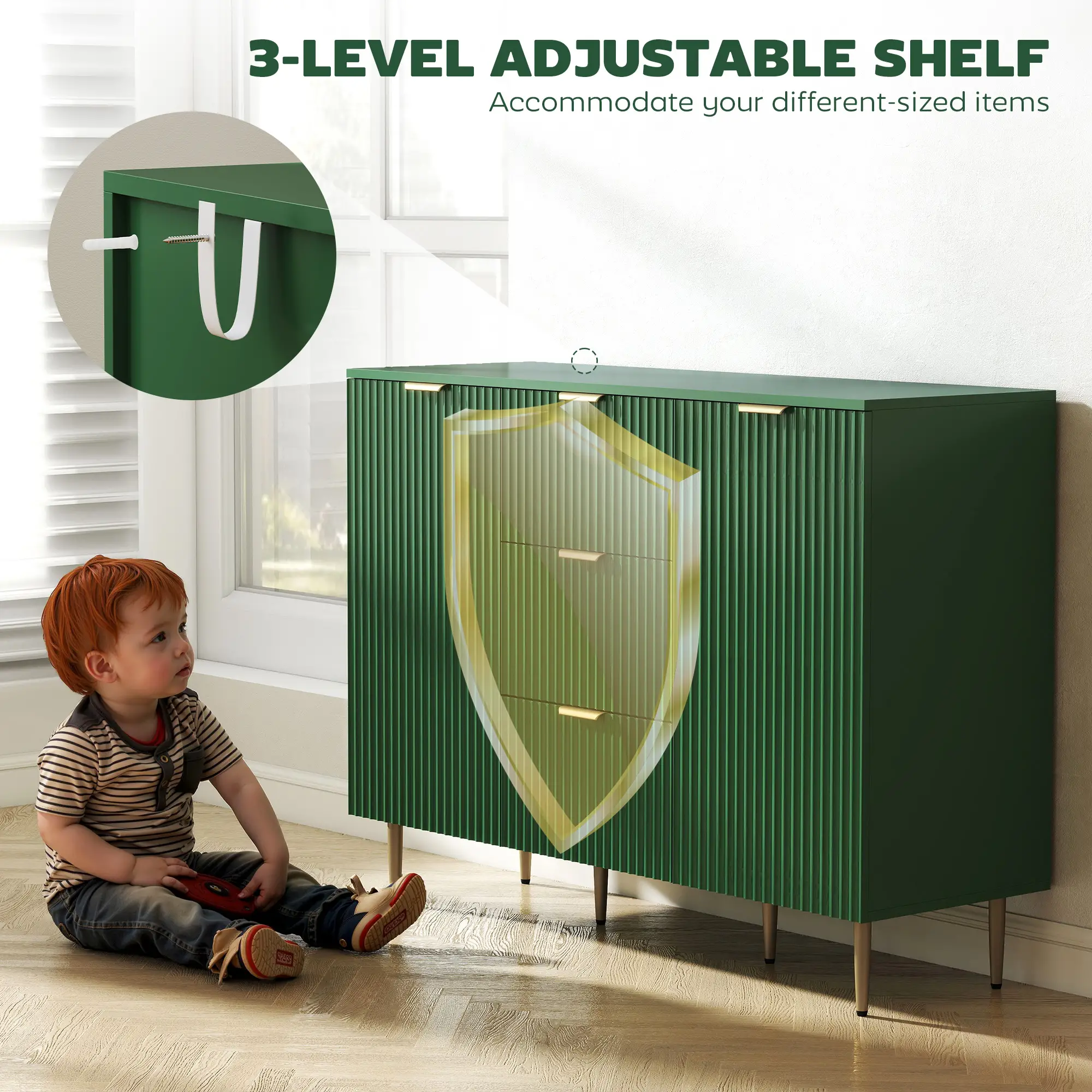 Modern Kitchen Storage Cabinet, Sideboard Buffet, 3 Drawers, Adjustable Shelves, Green - Image 9