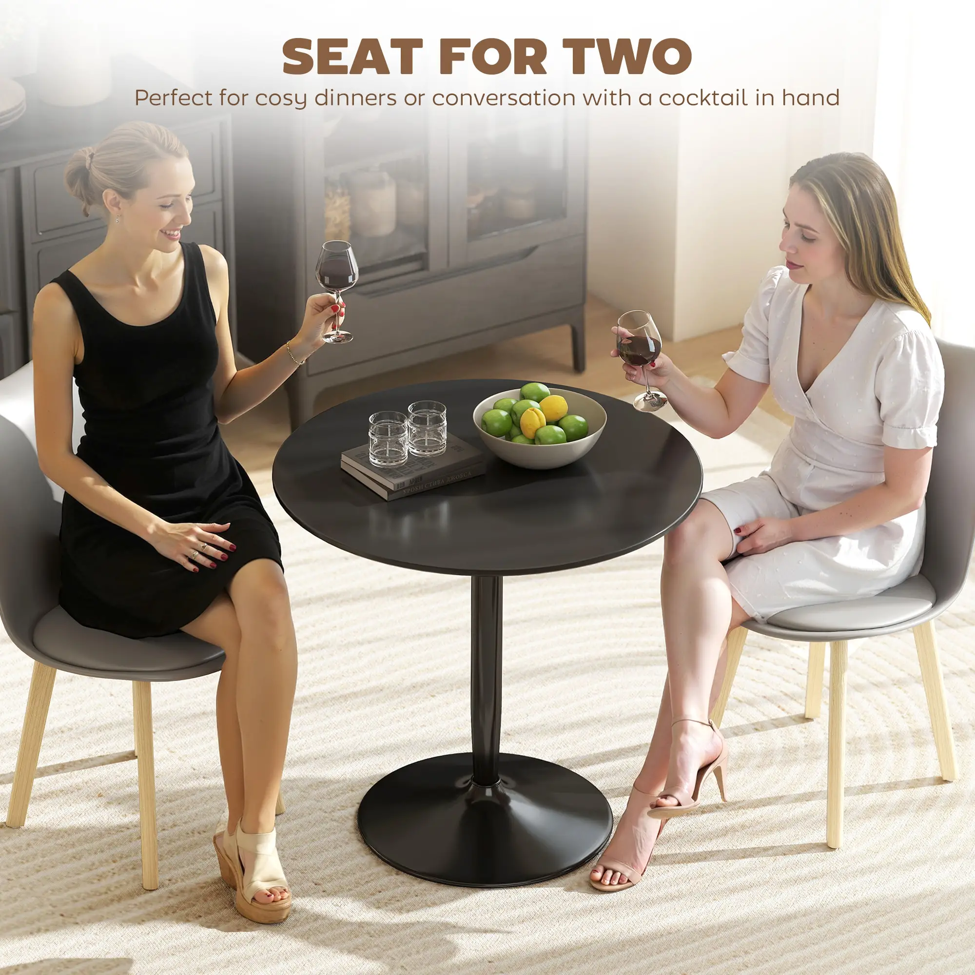 Modern Kitchen Table For 2, Round Dining Table With Steel Base, Black - Image 4