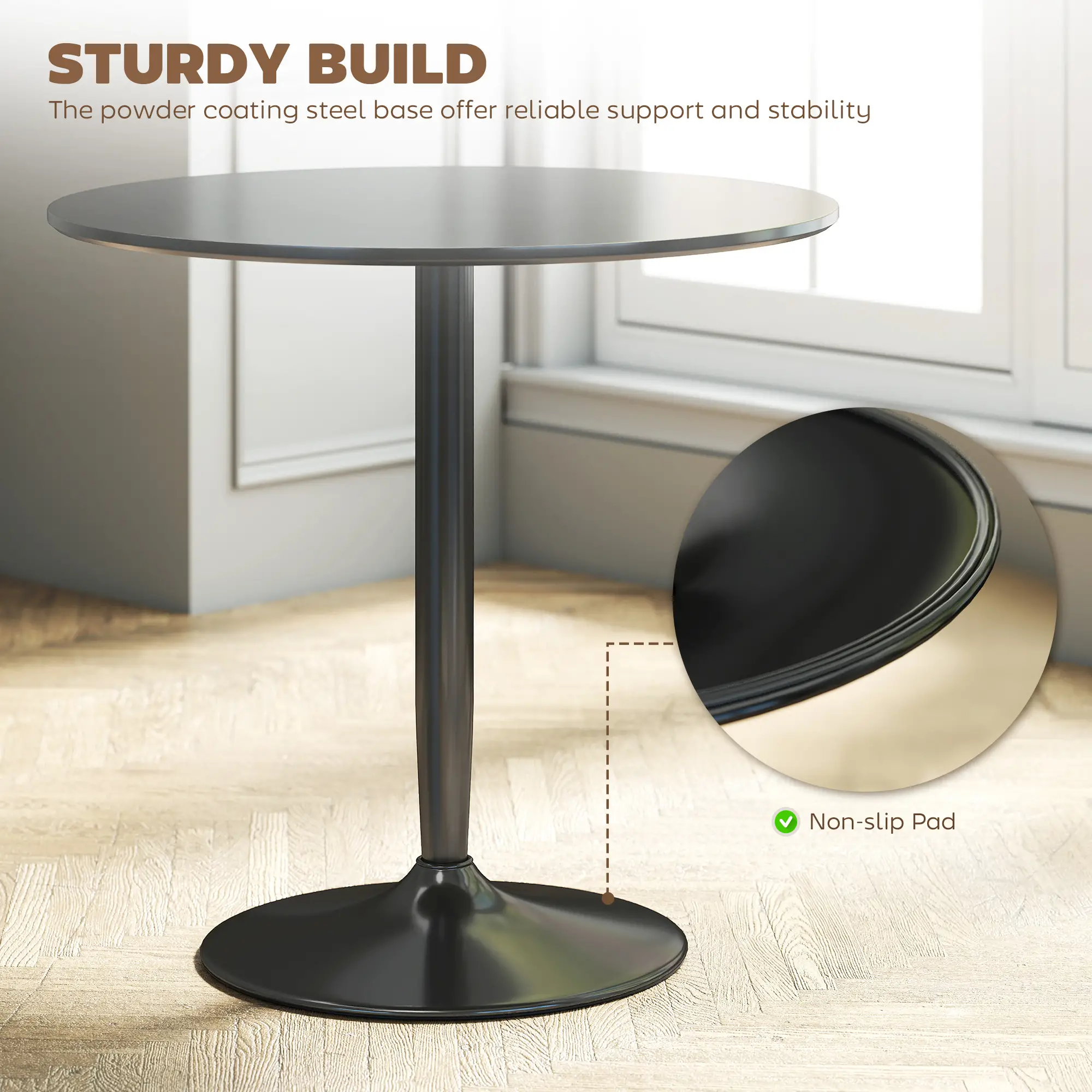 Modern Kitchen Table For 2, Round Dining Table With Steel Base, Black - Image 5