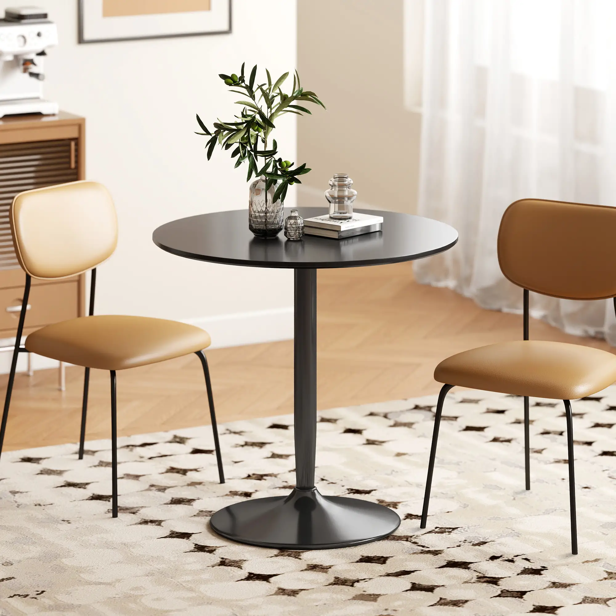 Modern Kitchen Table For 2, Round Dining Table With Steel Base, Black - Image 6