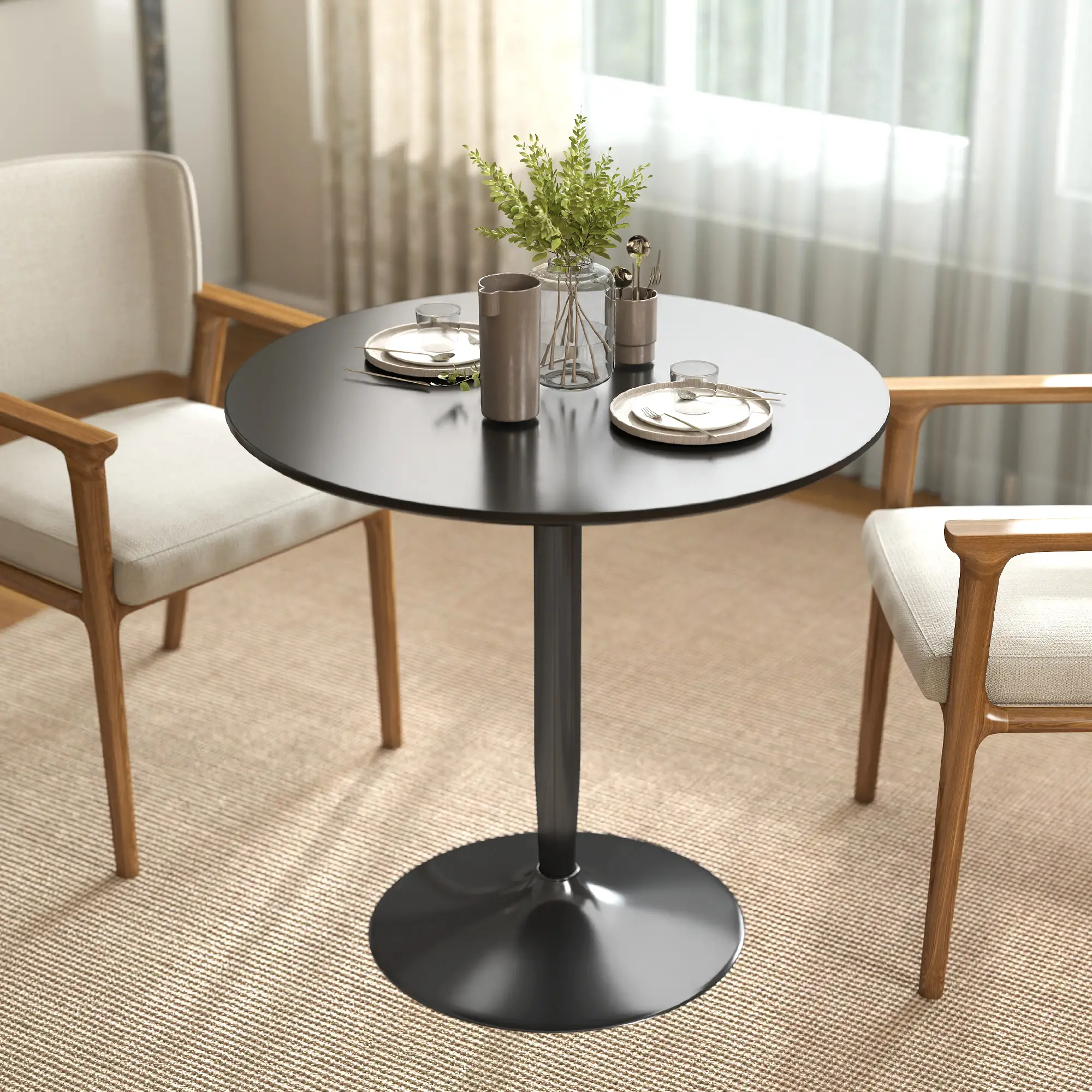 Modern Kitchen Table For 2, Round Dining Table With Steel Base, Black - Image 7