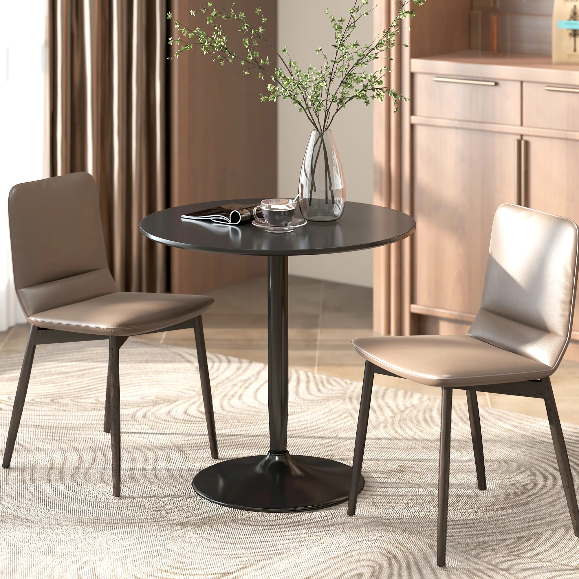 Modern Kitchen Table For 2, Round Dining Table With Steel Base, Black - Image 8