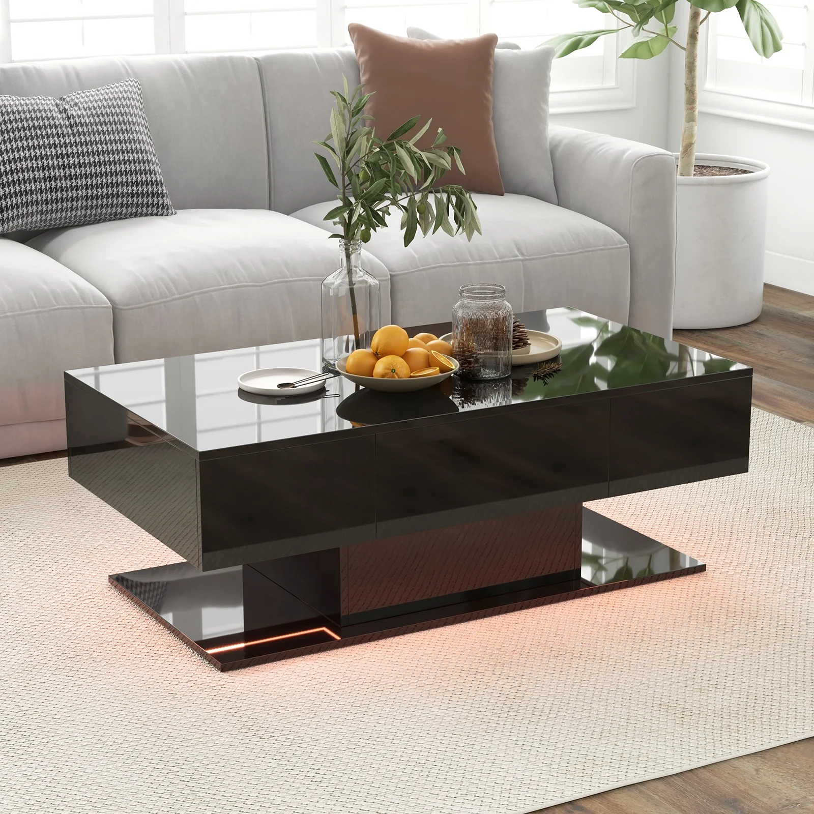 Modern LED Coffee Table, 20 Color Lights, 2 Storage Drawers, Black - Image 3