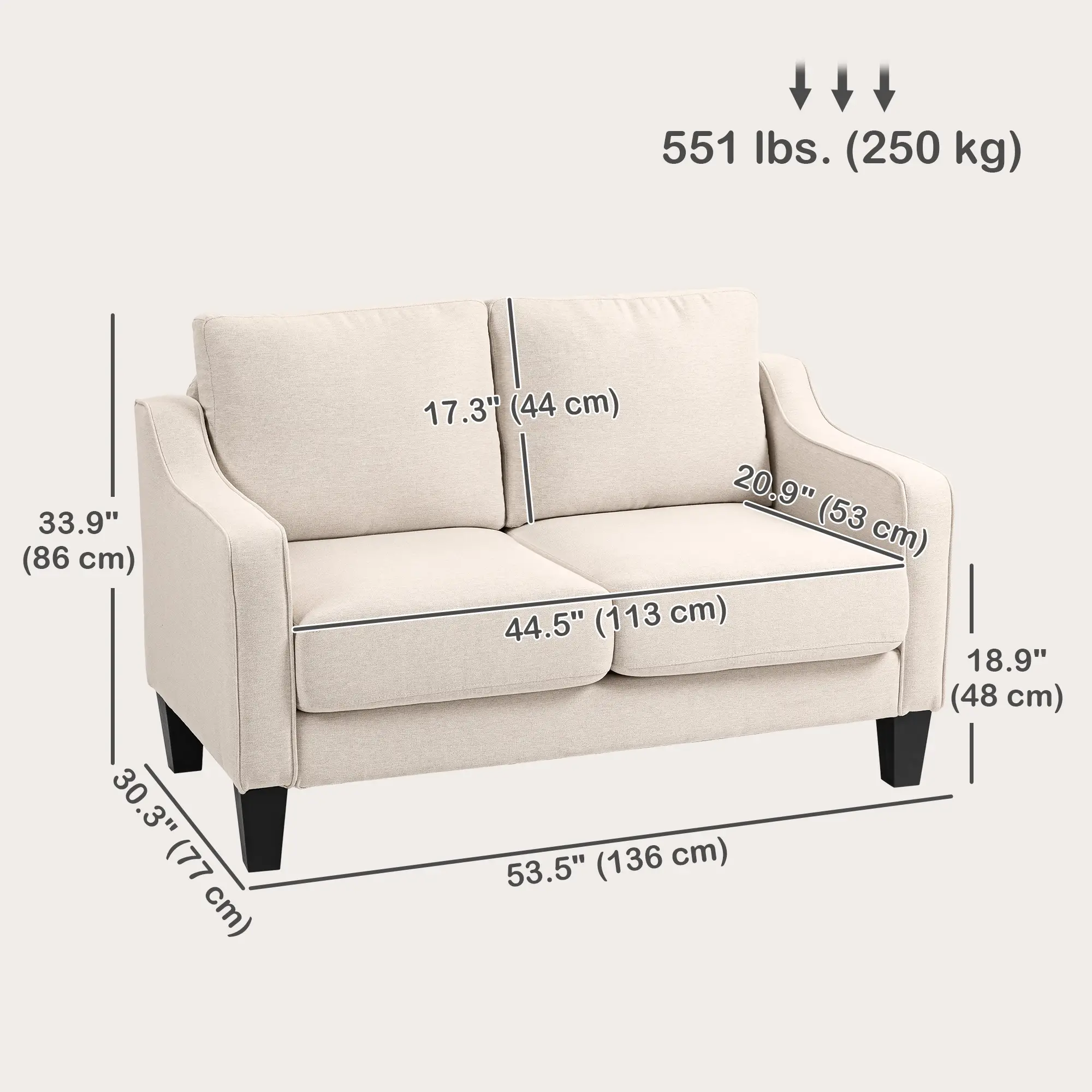 Modern Loveseat Sofa, Pocket Spring, Linen Upholstered, Beige - Image 3