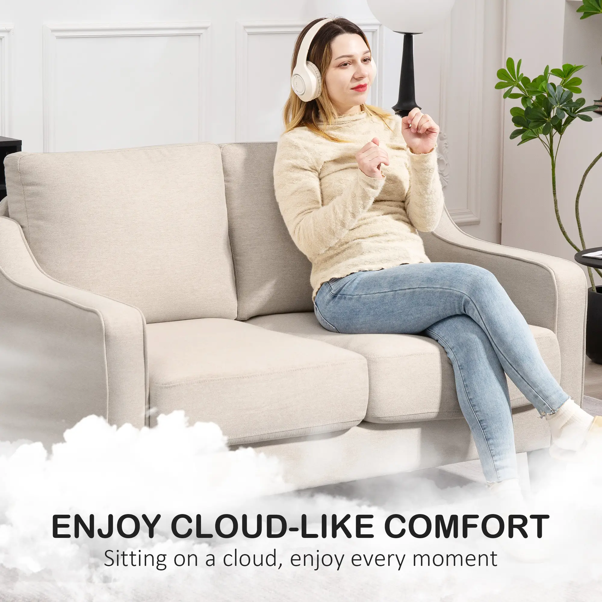Modern Loveseat Sofa, Pocket Spring, Linen Upholstered, Beige - Image 4