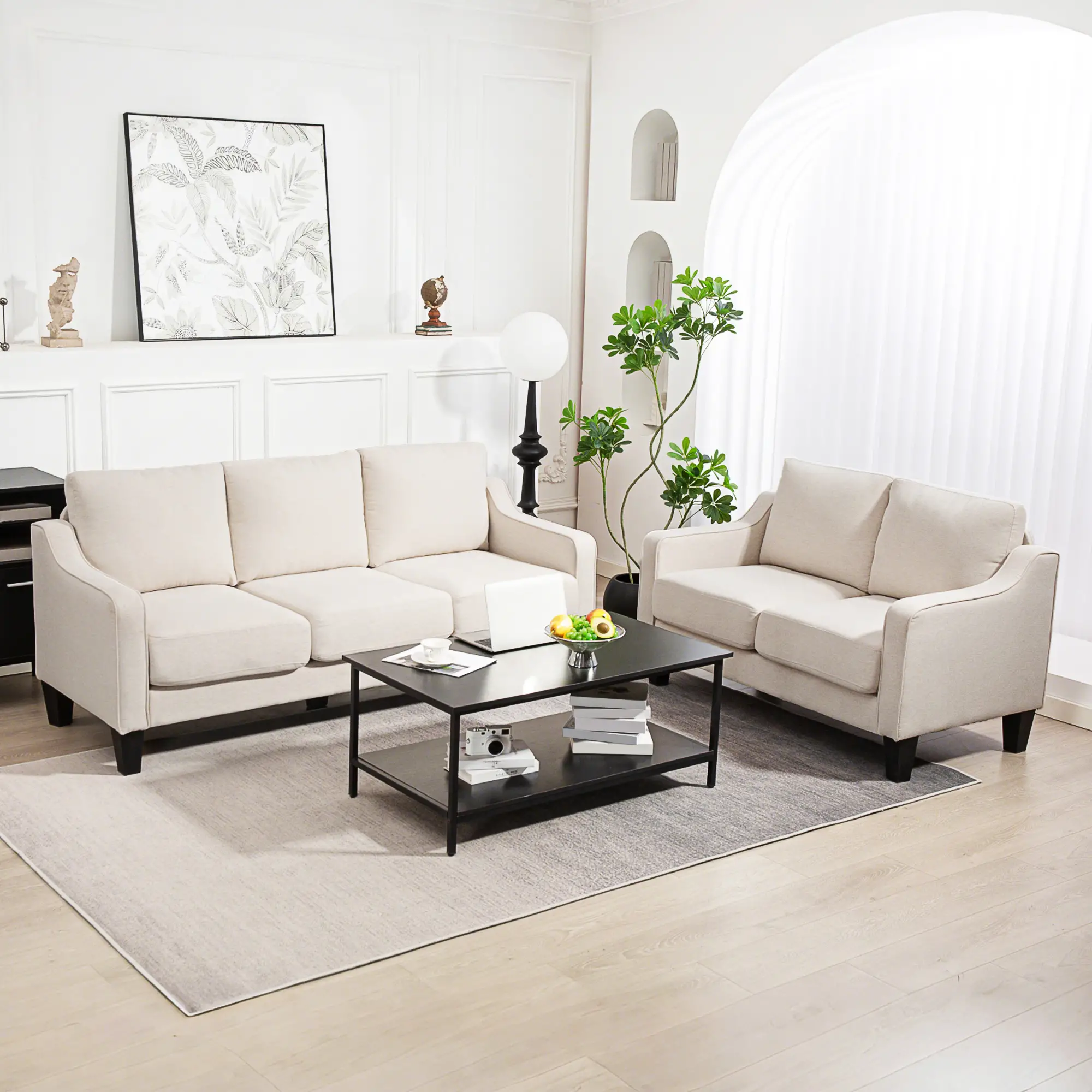 Modern Loveseat Sofa, Pocket Spring, Linen Upholstered, Beige - Image 7
