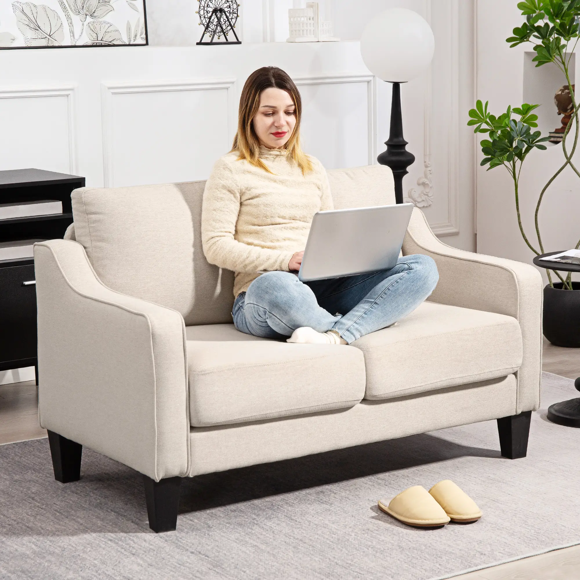 Modern Loveseat Sofa, Pocket Spring, Linen Upholstered, Beige - Image 9