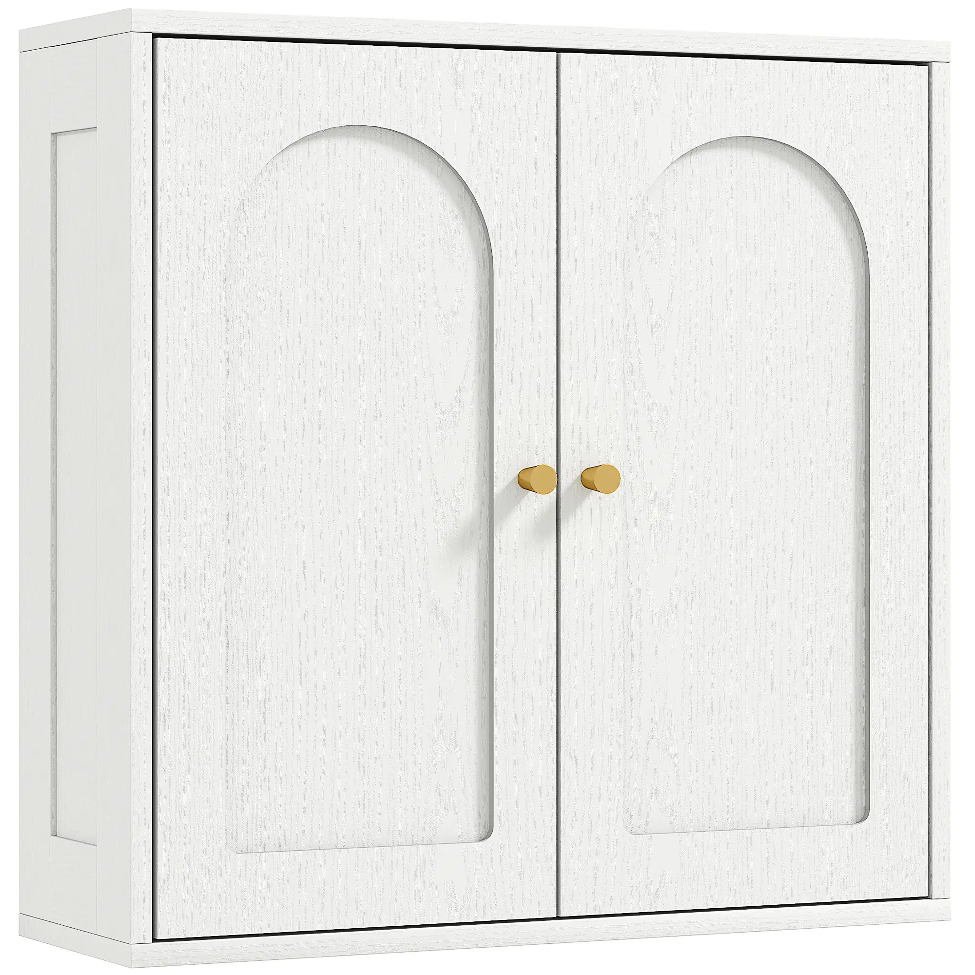Modern Medicine Cabinet, Wood Grain, 2 Arched Doors, Gold Handles, White