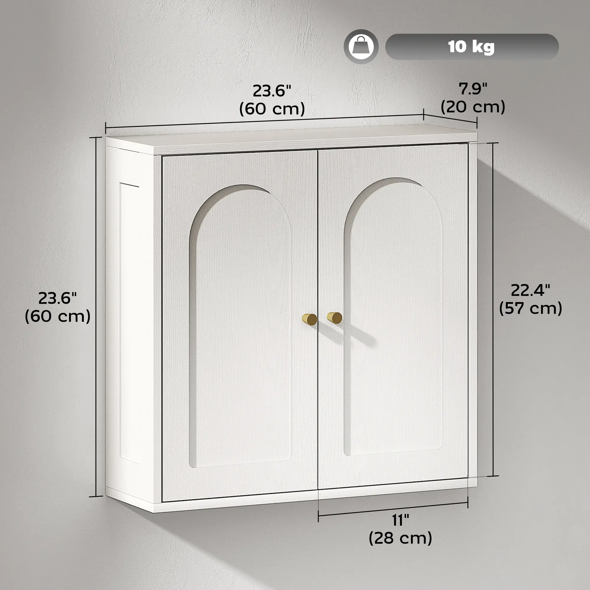 Modern Medicine Cabinet, Wood Grain, 2 Arched Doors, Gold Handles, White - Image 3