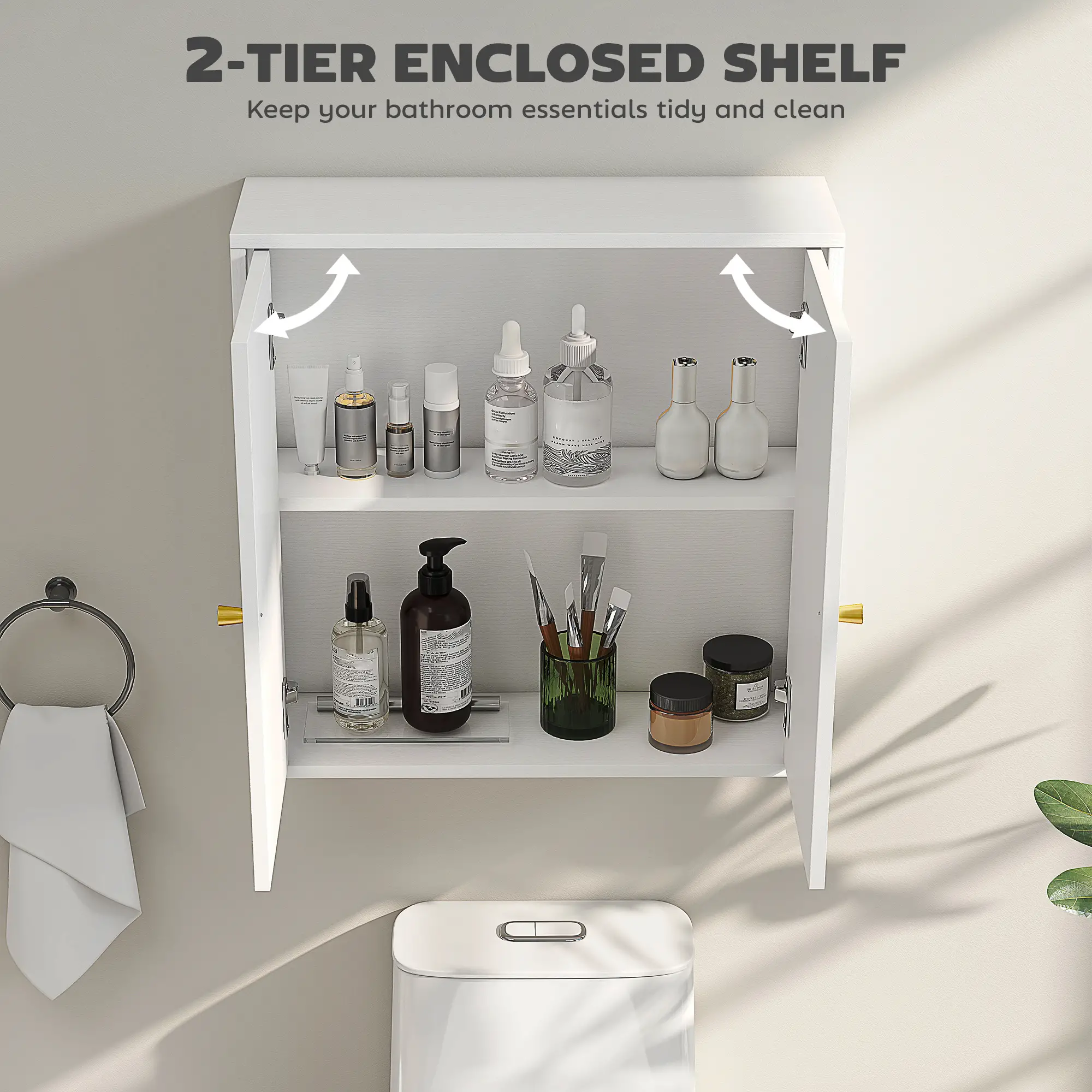 Modern Medicine Cabinet, Wood Grain, 2 Arched Doors, Gold Handles, White - Image 4