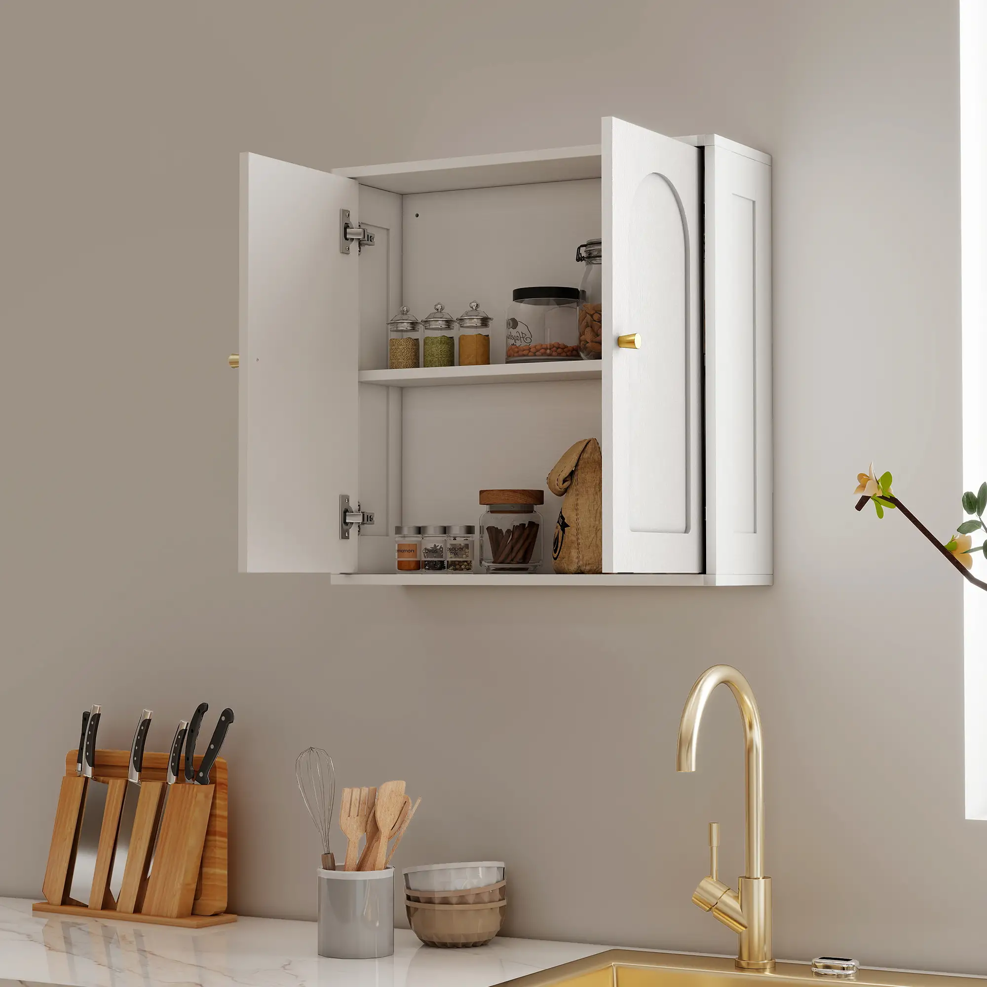 Modern Medicine Cabinet, Wood Grain, 2 Arched Doors, Gold Handles, White - Image 7