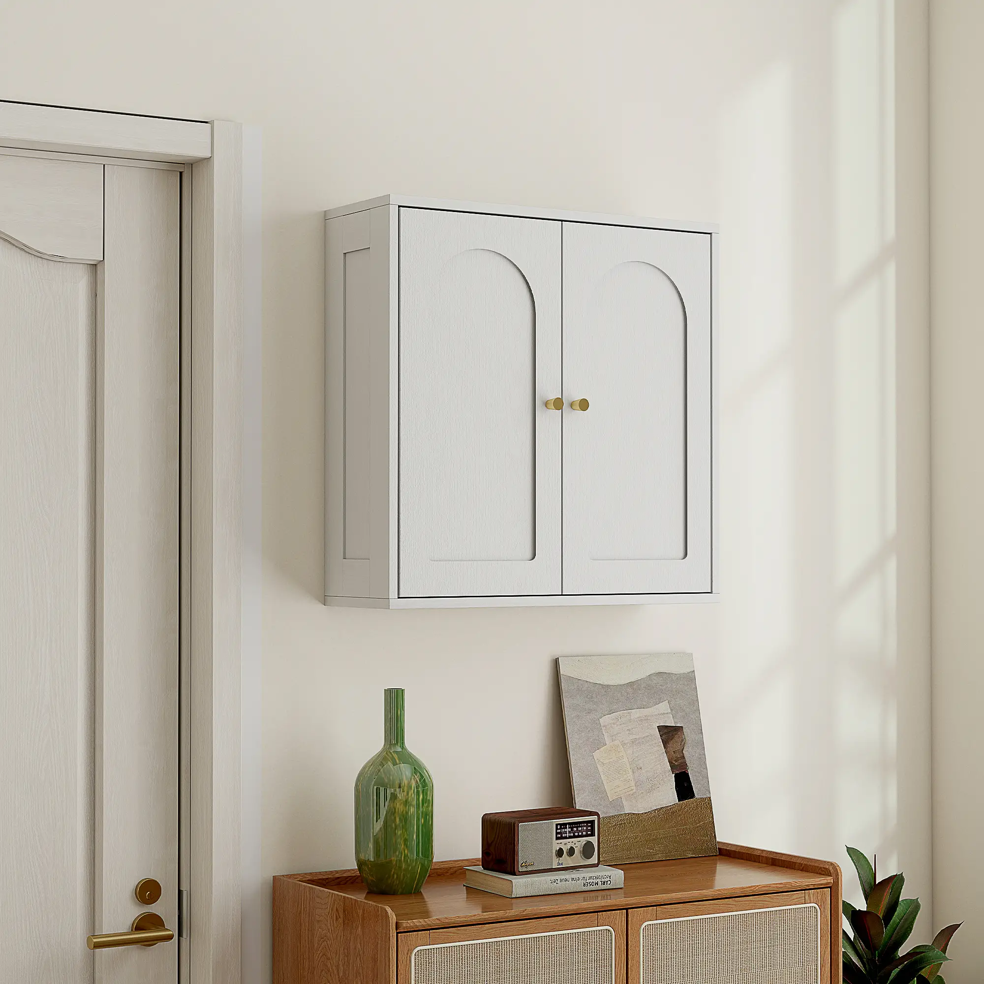Modern Medicine Cabinet, Wood Grain, 2 Arched Doors, Gold Handles, White - Image 9