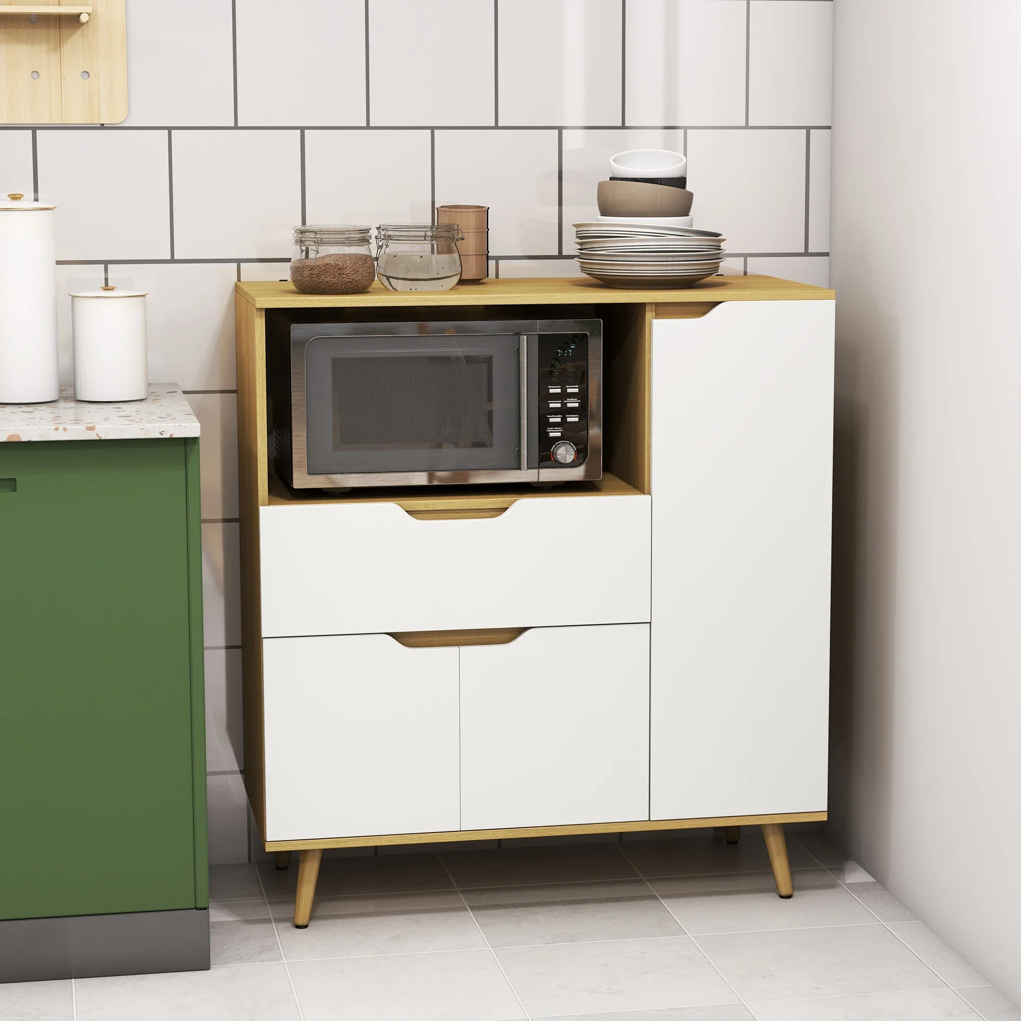 Modern Microwave Stand, Cabinet with Drawer, Storage, White - Image 2