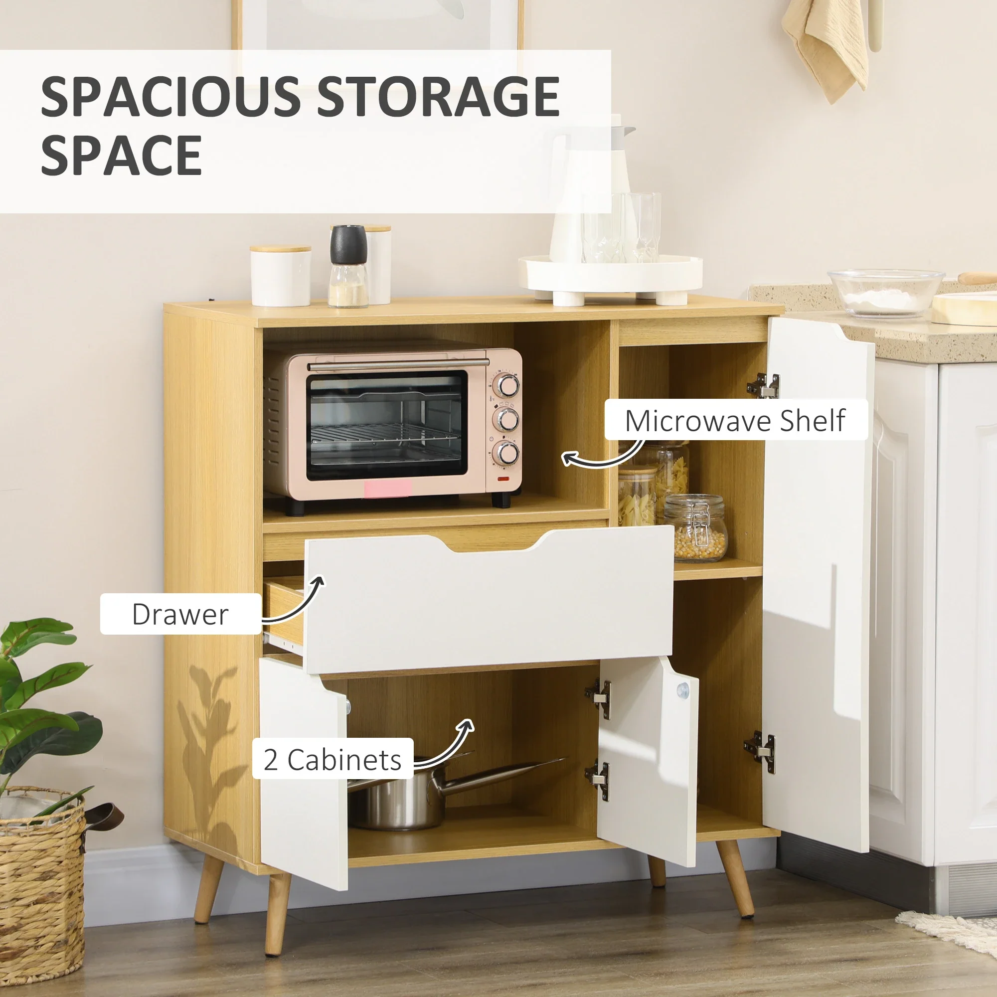Modern Microwave Stand, Cabinet with Drawer, Storage, White - Image 4