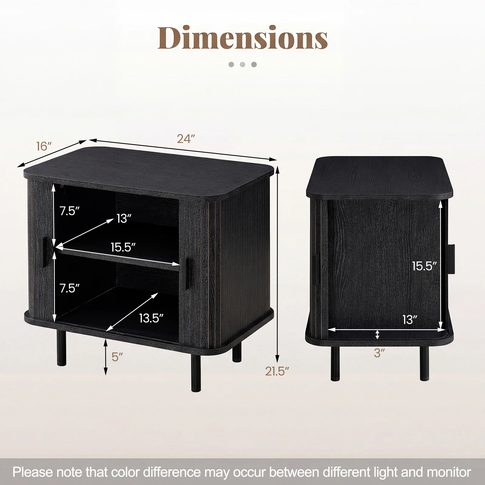 Modern Mid Century Nightstand, Sliding Tambour Doors, Storage Shelf, Black - Image 4