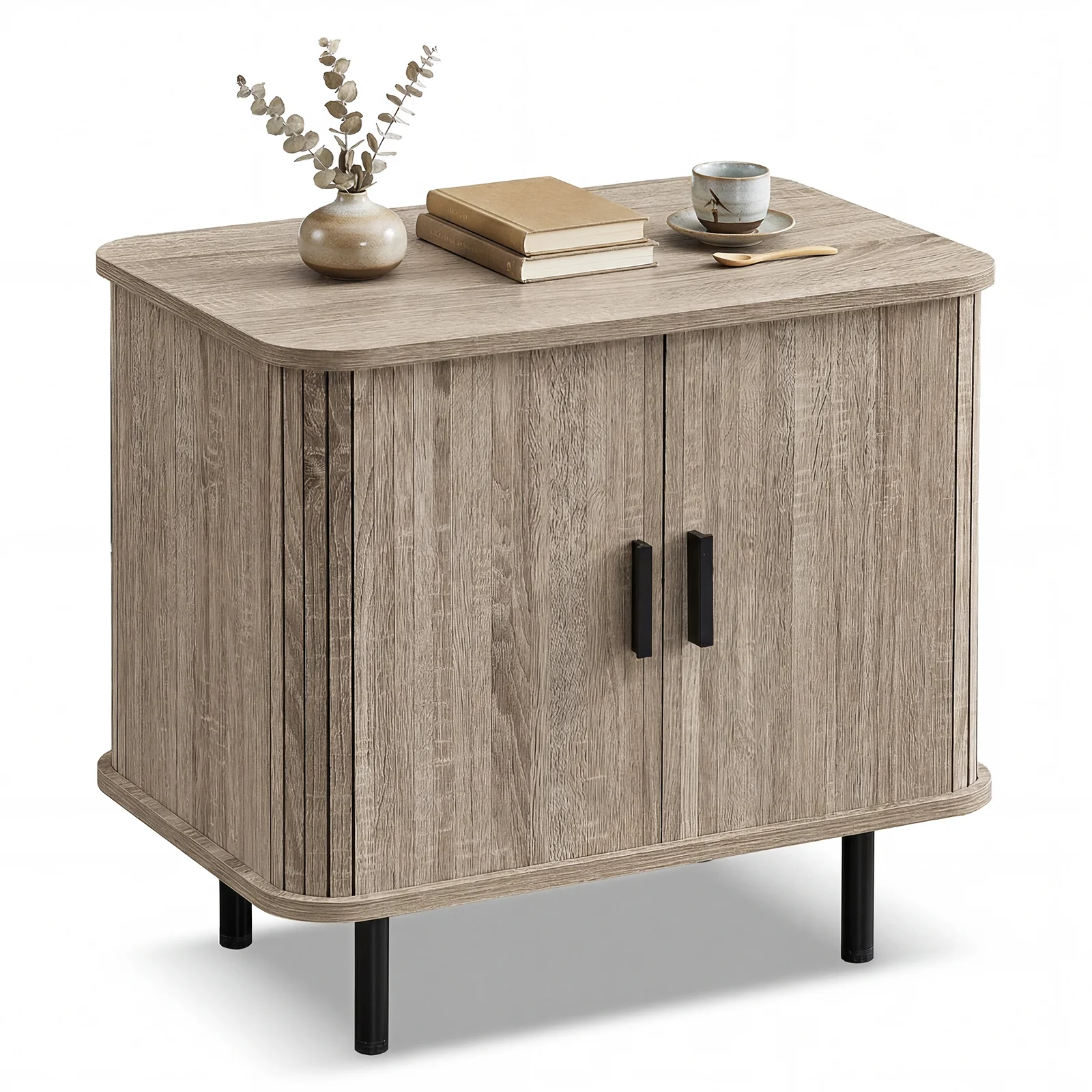 Modern Mid Century Nightstand, Sliding Tambour Doors, Storage Shelf, Natural