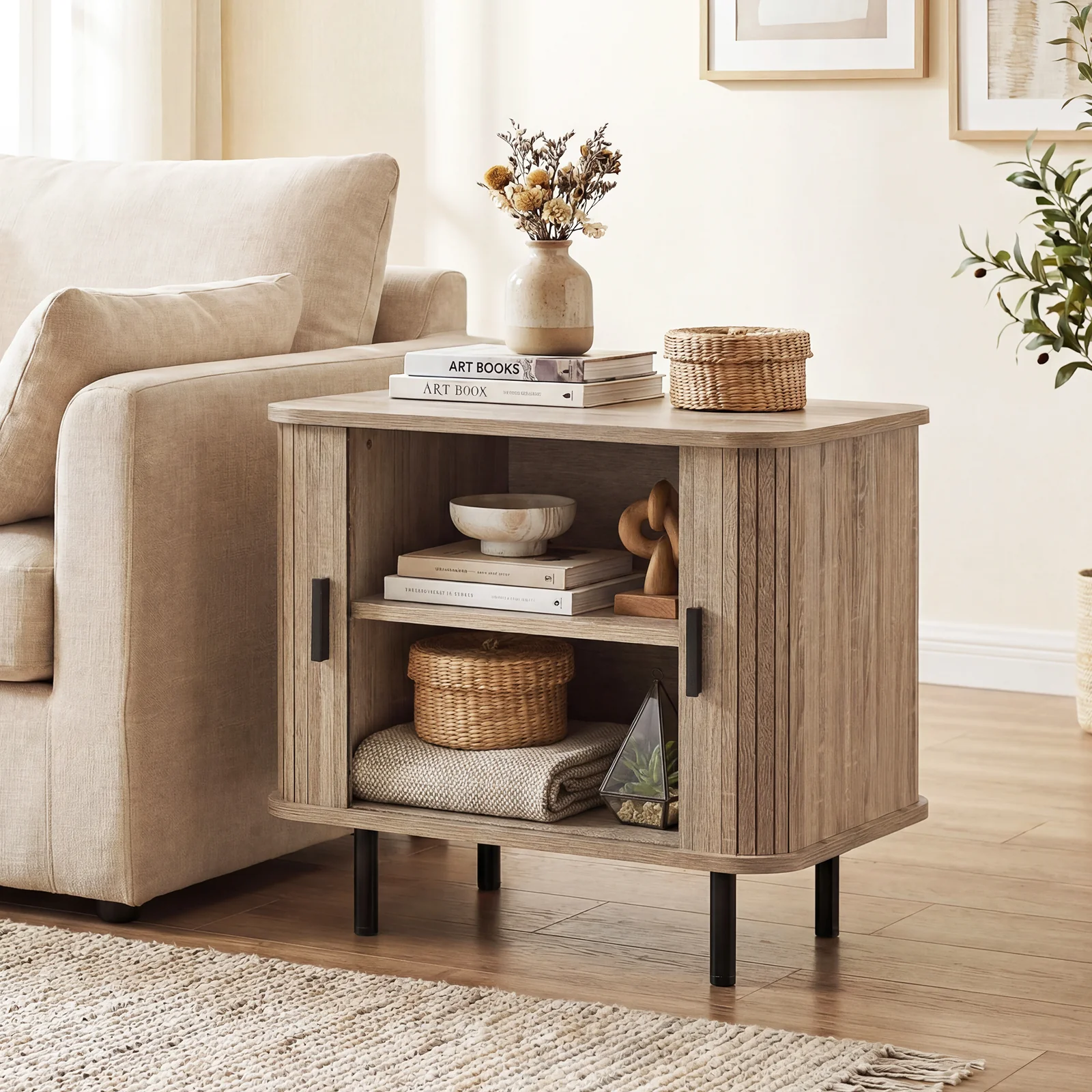 Modern Mid Century Nightstand, Sliding Tambour Doors, Storage Shelf, Natural - Image 2