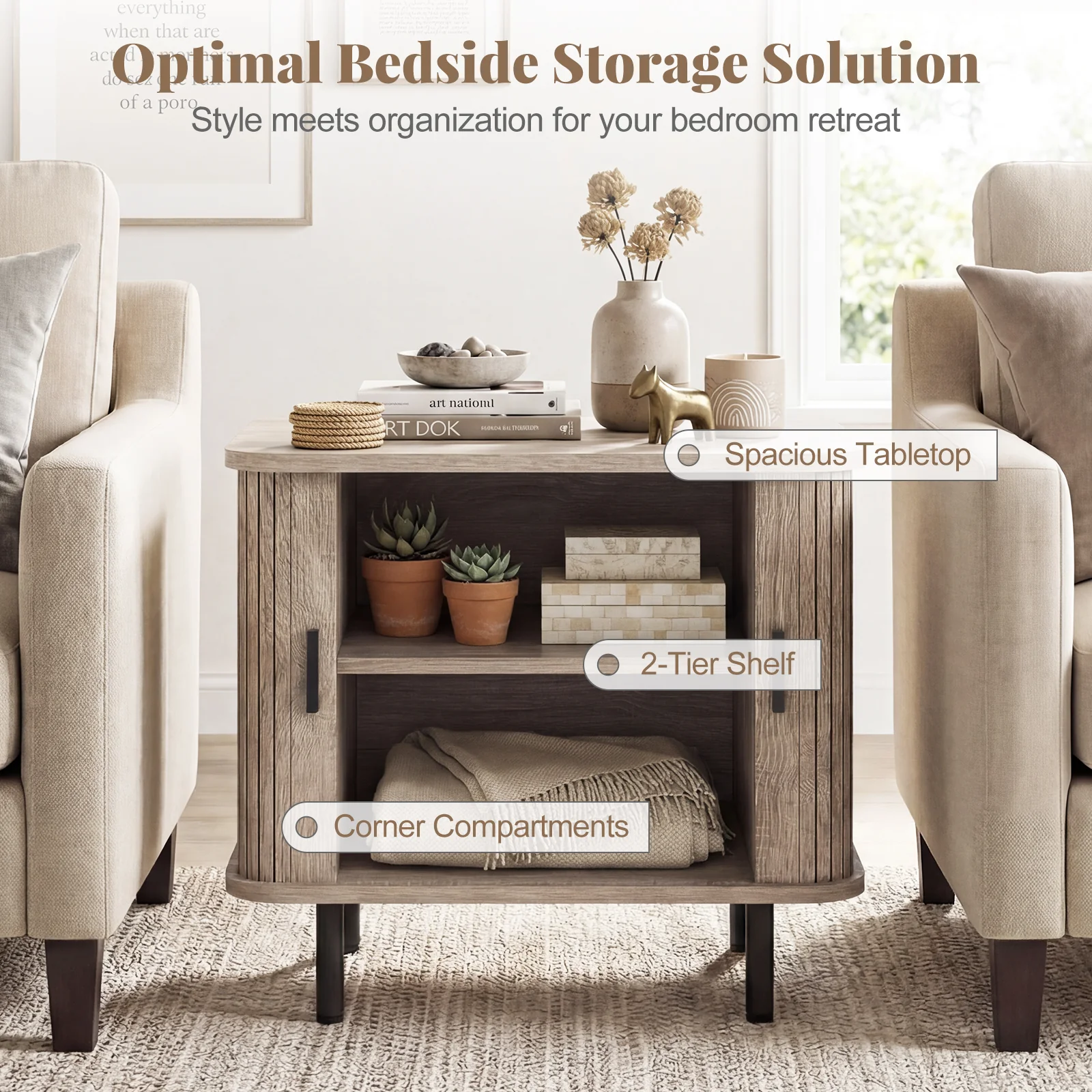 Modern Mid Century Nightstand, Sliding Tambour Doors, Storage Shelf, Natural - Image 7