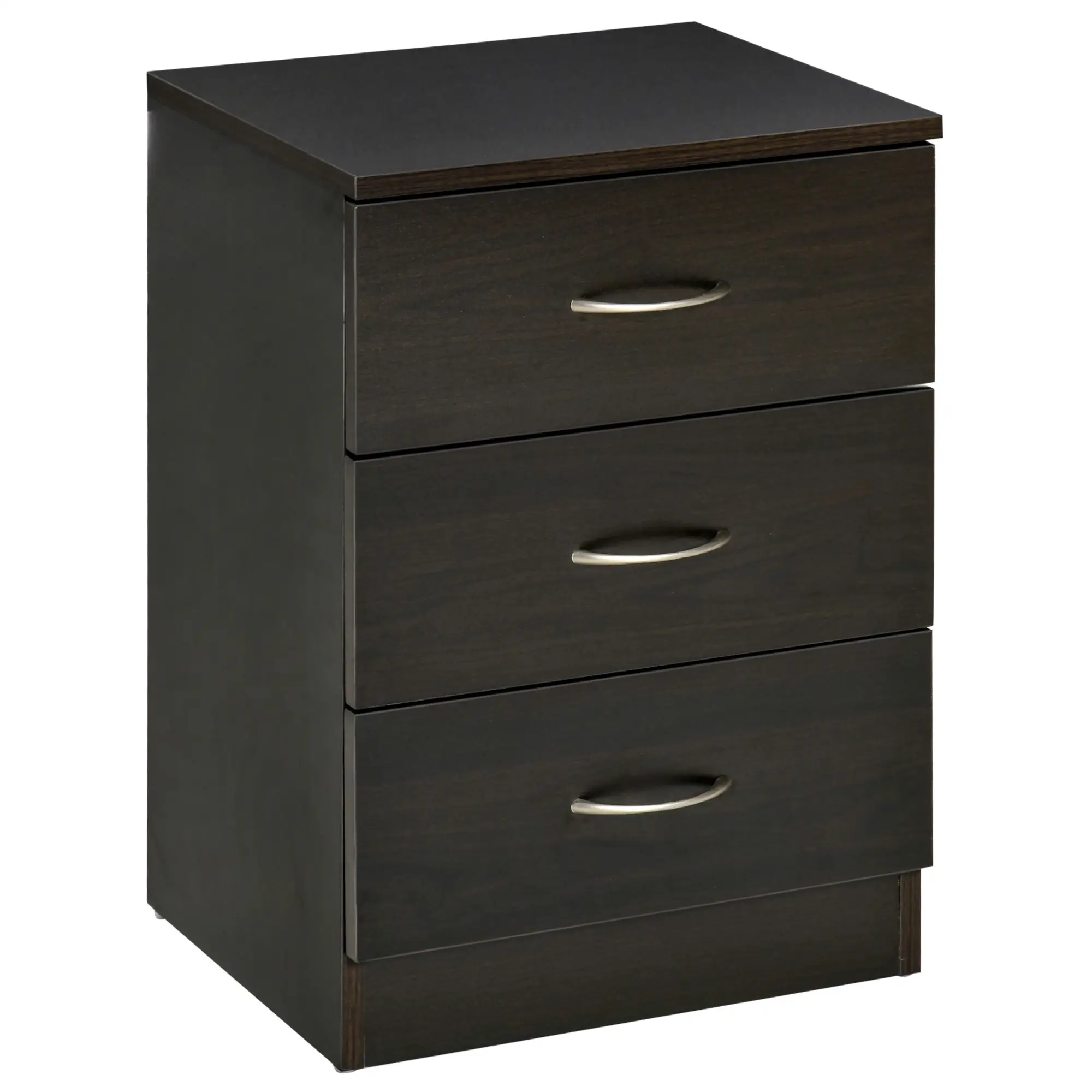 Modern Night Stand, 3 Drawers, Metal Rail, Dark Brown