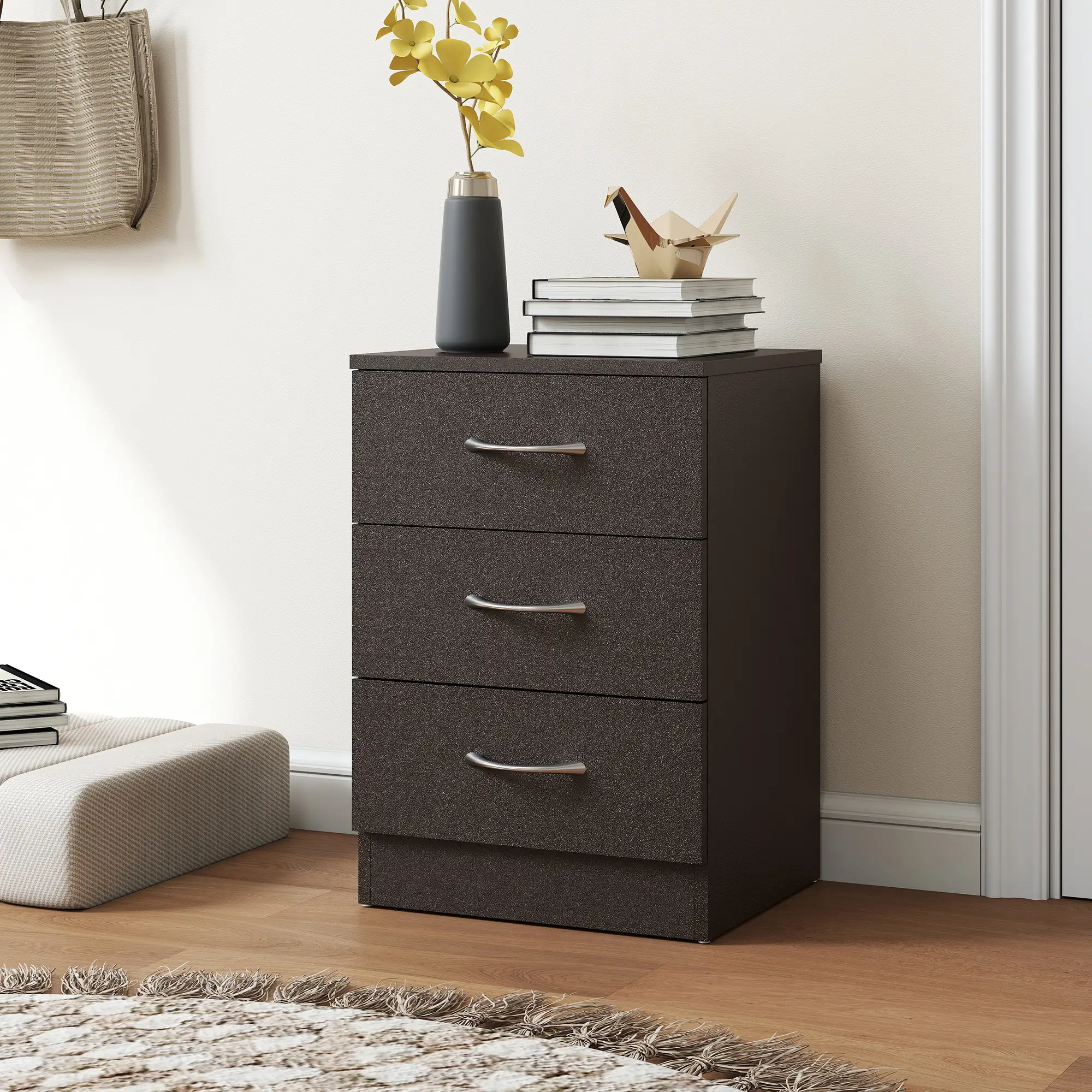 Modern Night Stand, 3 Drawers, Metal Rail, Dark Brown - Image 7