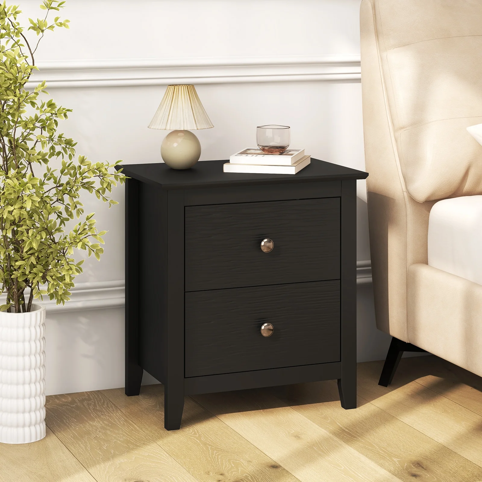 Modern Nightstand, 2 Drawers, Small Spaces, Black - Image 2