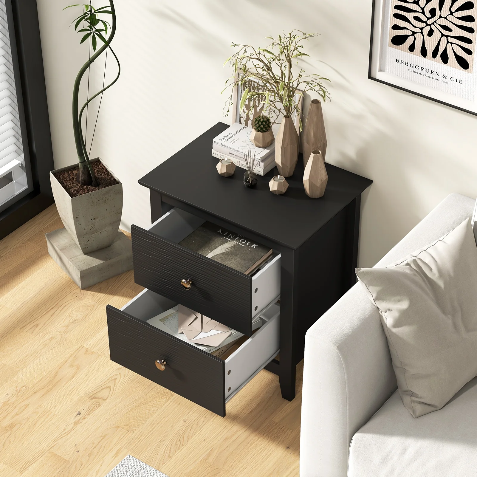 Modern Nightstand, 2 Drawers, Small Spaces, Black - Image 3