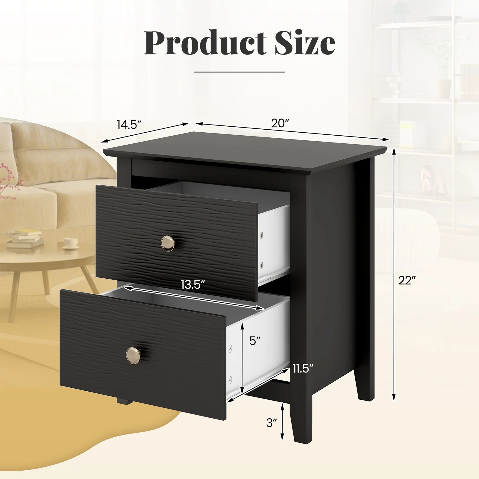 Modern Nightstand, 2 Drawers, Small Spaces, Black - Image 6