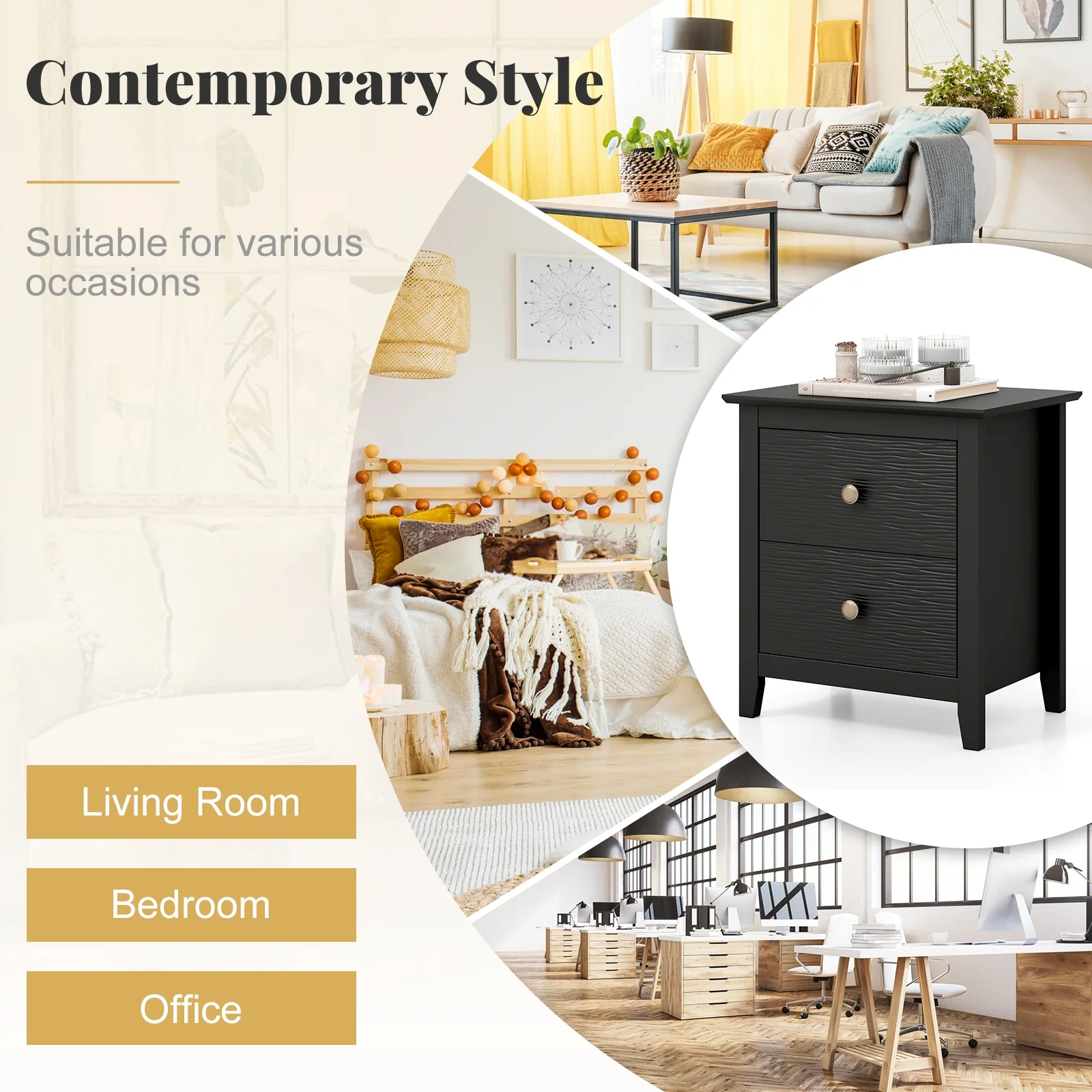 Modern Nightstand, 2 Drawers, Small Spaces, Black - Image 9