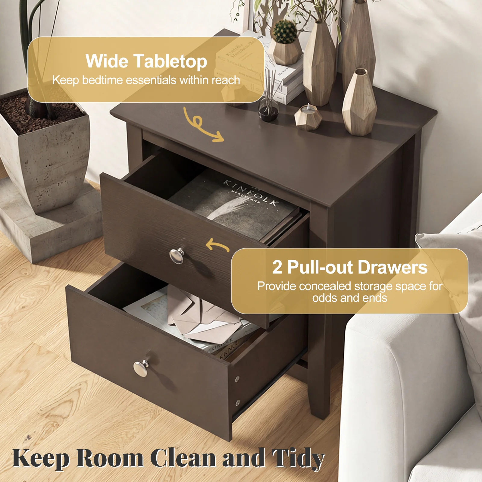 Modern Nightstand Set, 2 Drawers, Brown - Image 10