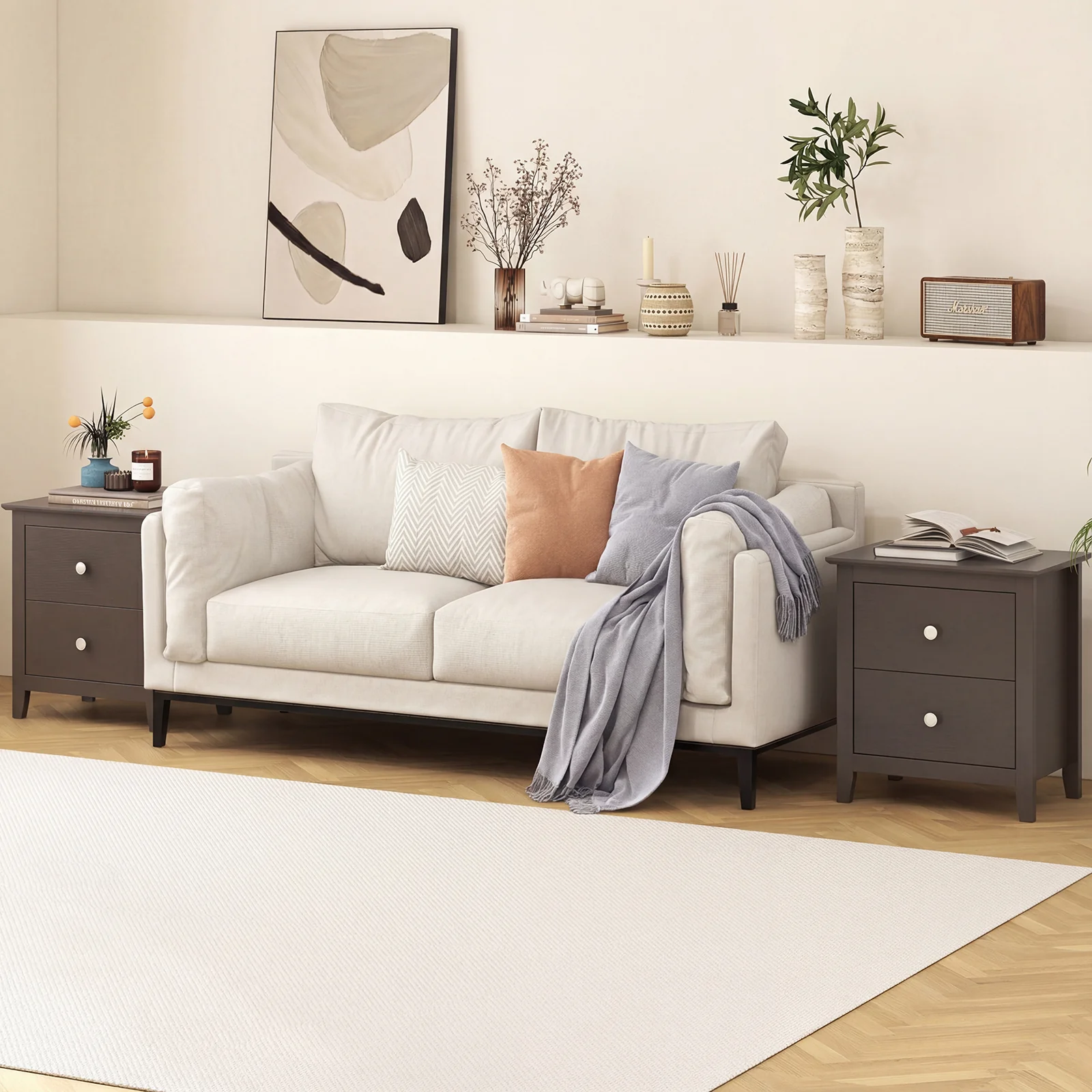 Modern Nightstand Set, 2 Drawers, Brown - Image 2