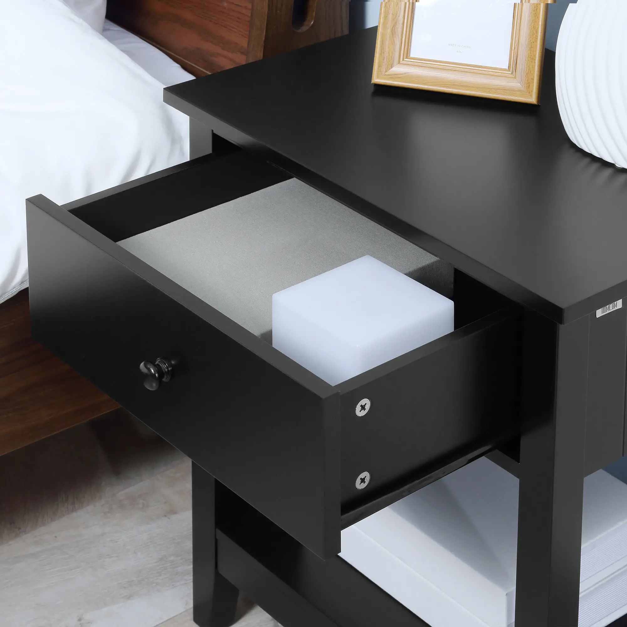 Modern Nightstand, Small End Table with Drawer, Storage Shelf, Black - Image 10