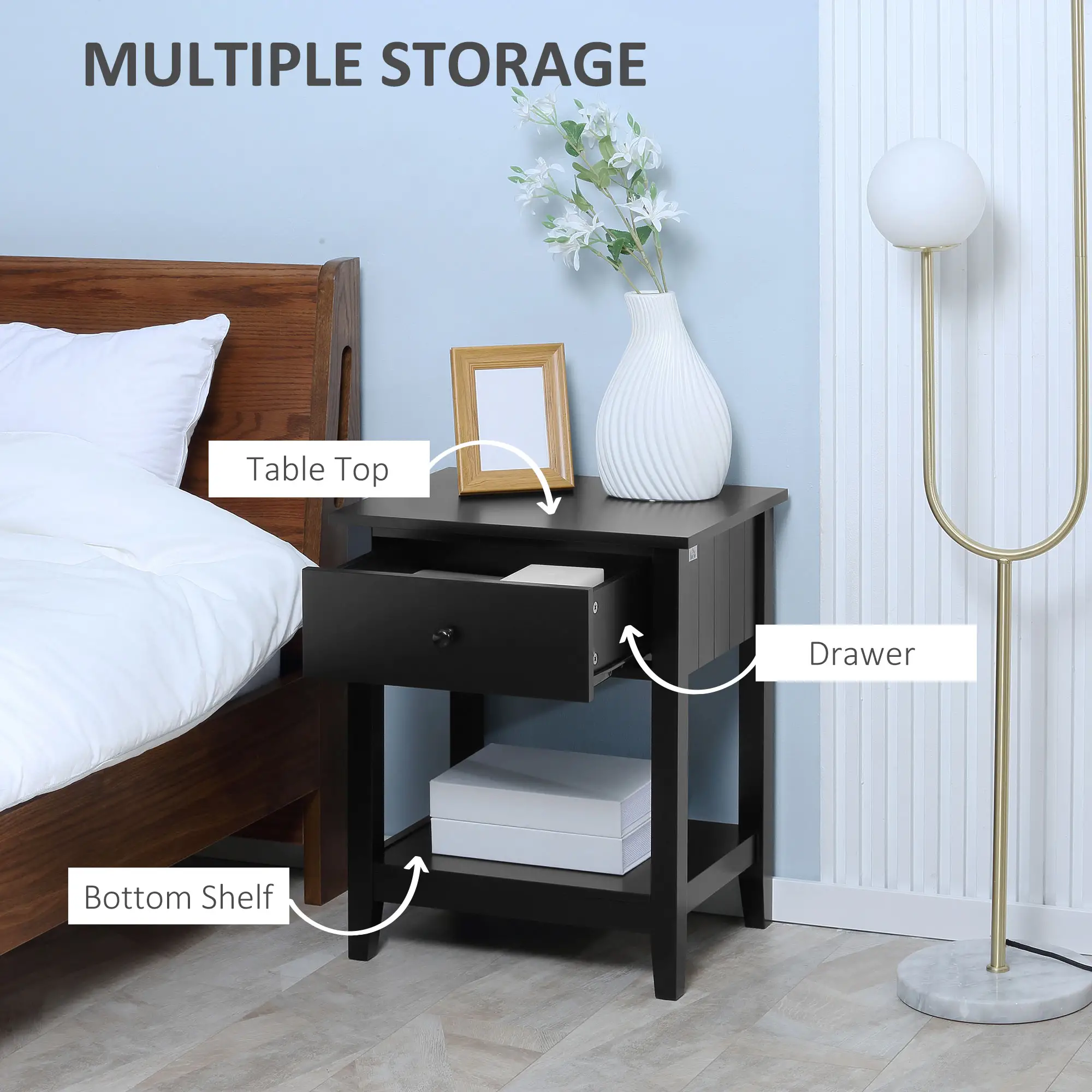 Modern Nightstand, Small End Table with Drawer, Storage Shelf, Black - Image 4